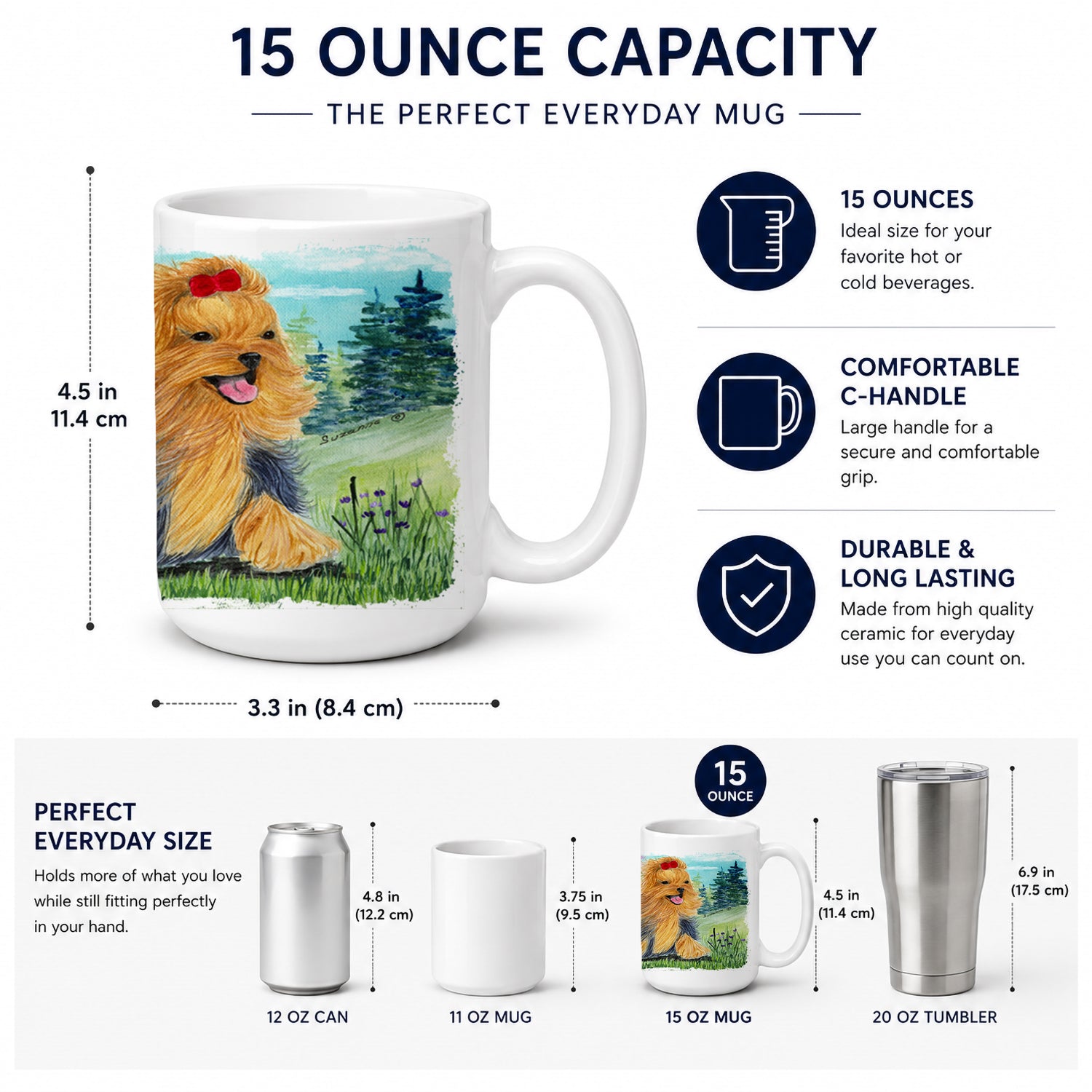 Yorkie Ceramic Coffee Mug 15 oz Decorative Large C Handle Mug Cup for Tea, Cocoa Hot Chocolate