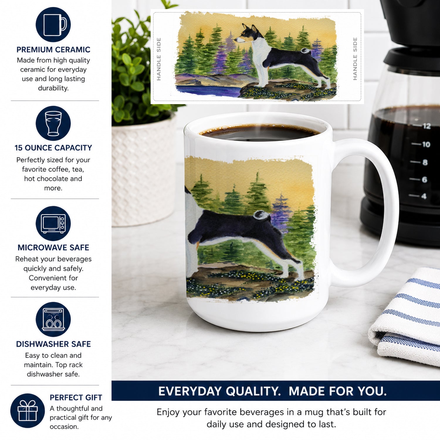 Basenji Ceramic Coffee Mug 15 oz Decorative Large C Handle Mug Cup for Tea, Cocoa Hot Chocolate