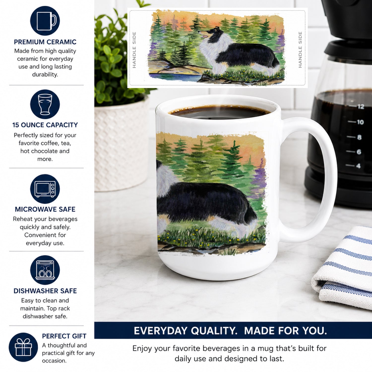 Collie Ceramic Coffee Mug 15 oz Decorative Large C Handle Mug Cup for Tea, Cocoa Hot Chocolate