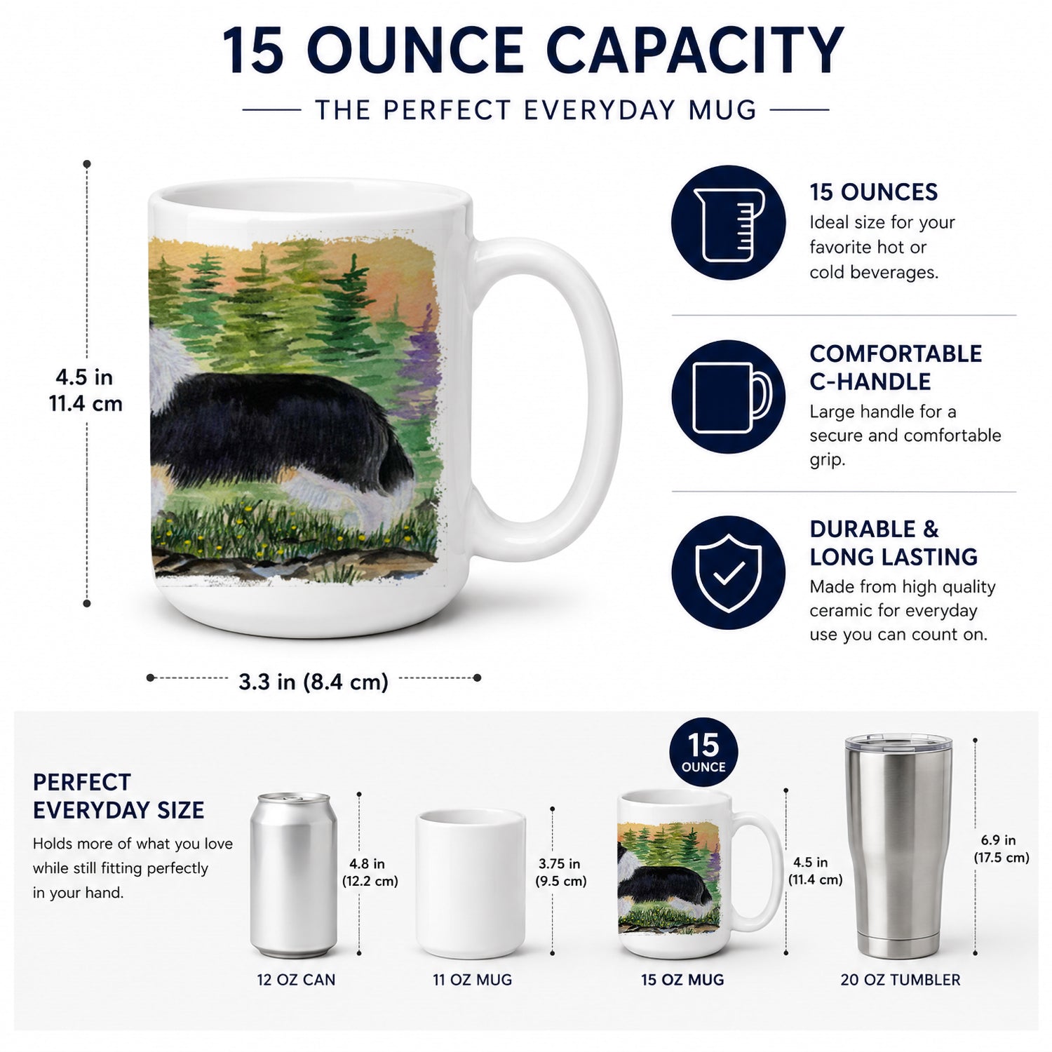Collie Ceramic Coffee Mug 15 oz Decorative Large C Handle Mug Cup for Tea, Cocoa Hot Chocolate