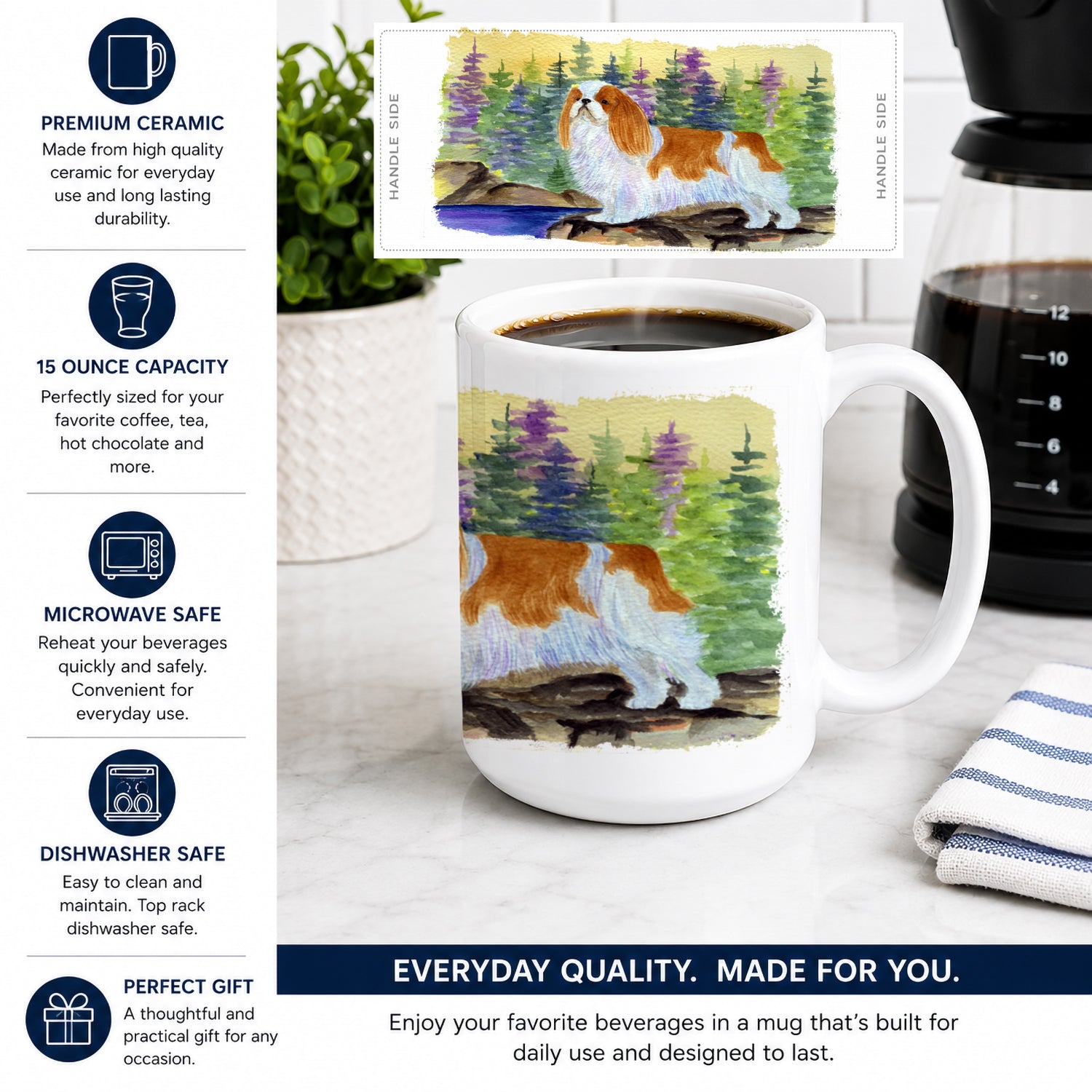 English Toy Spaniel Ceramic Coffee Mug 15 oz Decorative Large C Handle Mug Cup for Tea, Cocoa Hot Chocolate