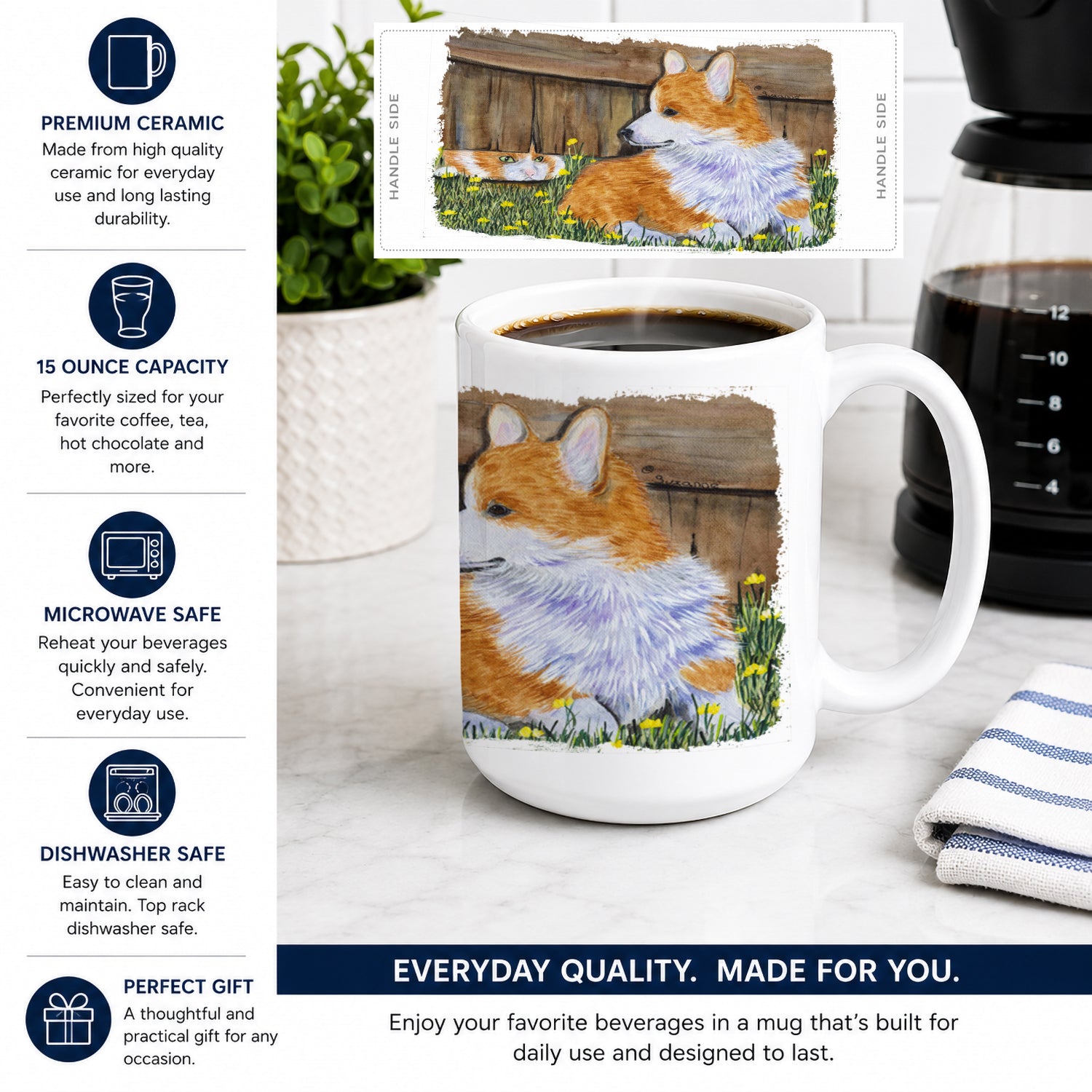 Corgi Ceramic Coffee Mug 15 oz Decorative Large C Handle Mug Cup for Tea, Cocoa Hot Chocolate