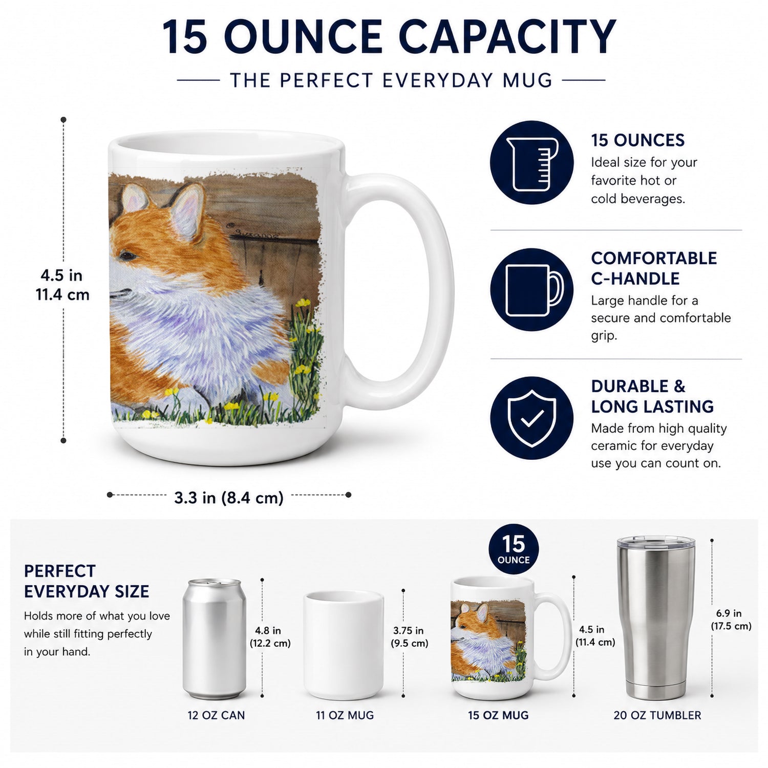 Corgi Ceramic Coffee Mug 15 oz Decorative Large C Handle Mug Cup for Tea, Cocoa Hot Chocolate