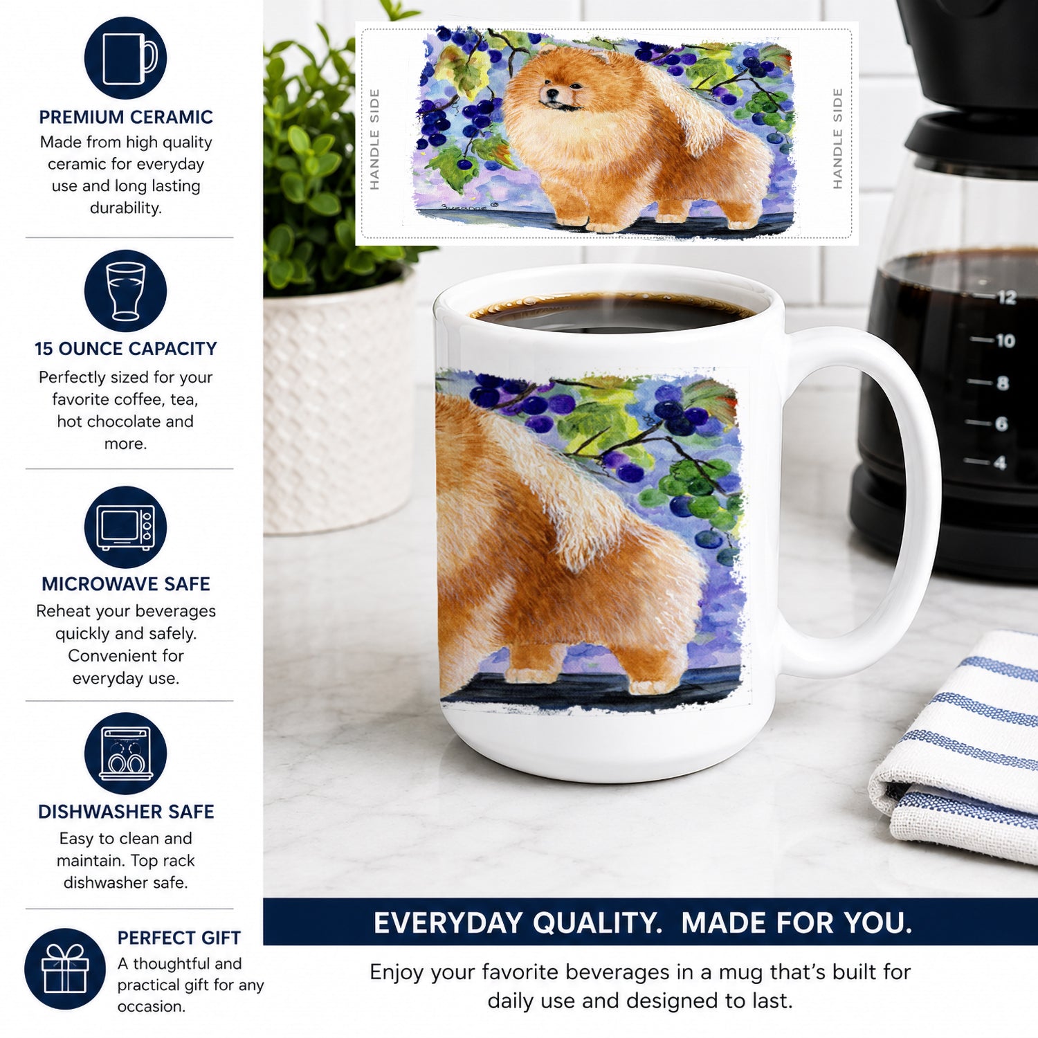 Pomeranian Ceramic Coffee Mug 15 oz Decorative Large C Handle Mug Cup for Tea, Cocoa Hot Chocolate