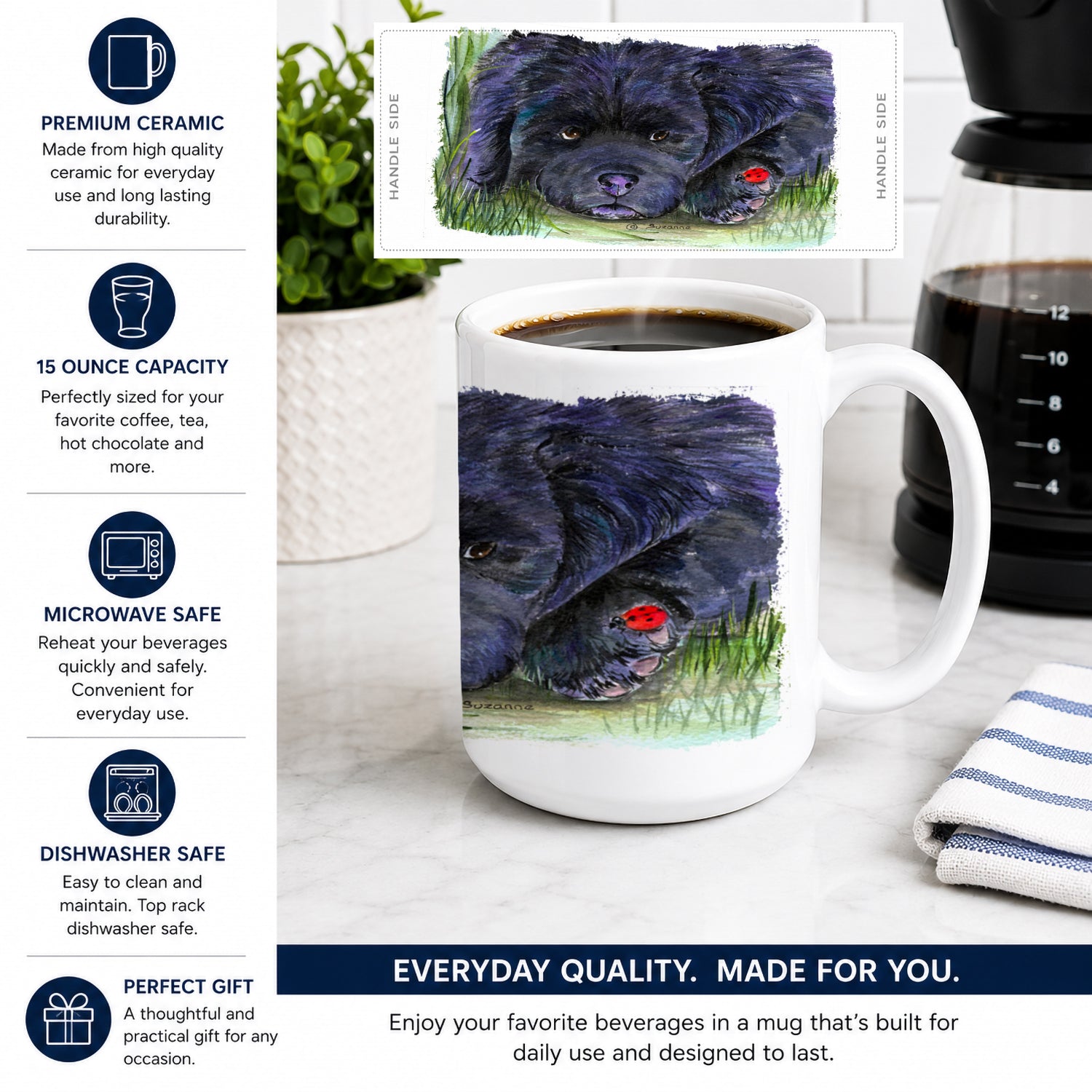 Newfoundland Ceramic Coffee Mug 15 oz Decorative Large C Handle Mug Cup for Tea, Cocoa Hot Chocolate