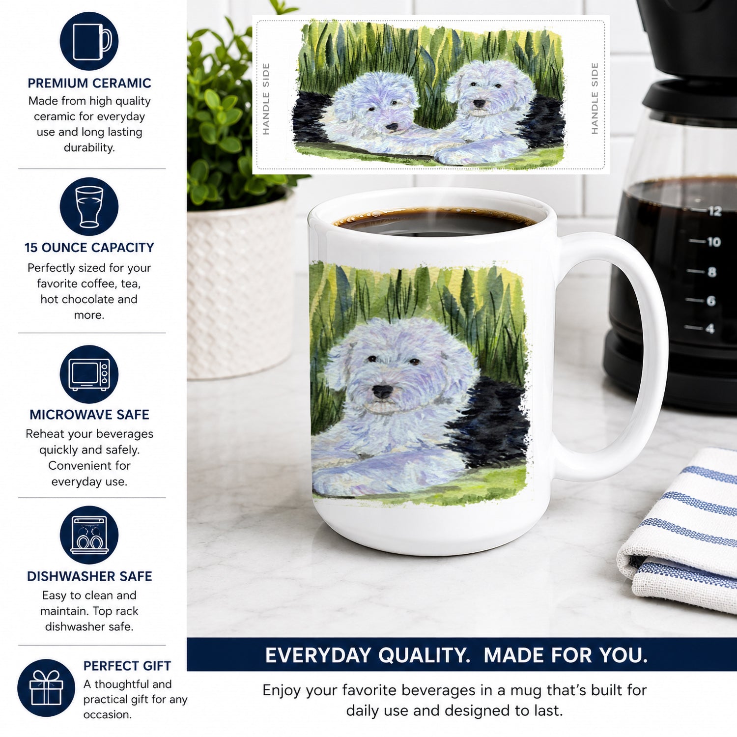 Old English Sheepdog Ceramic Coffee Mug 15 oz Decorative Large C Handle Mug Cup for Tea, Cocoa Hot Chocolate