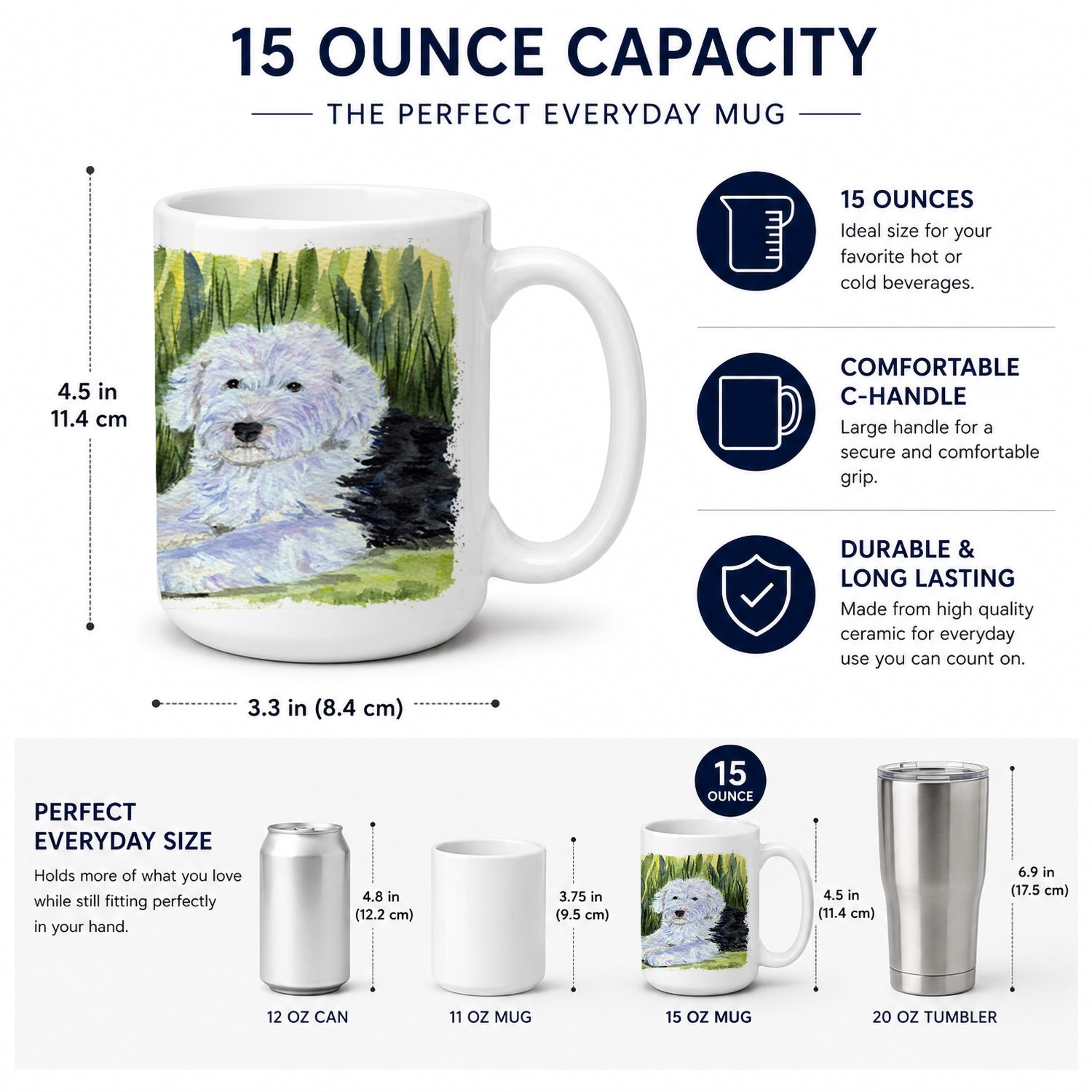 Old English Sheepdog Ceramic Coffee Mug 15 oz Decorative Large C Handle Mug Cup for Tea, Cocoa Hot Chocolate