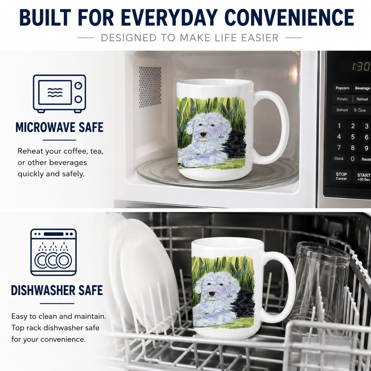 Old English Sheepdog Ceramic Coffee Mug 15 oz Decorative Large C Handle Mug Cup for Tea, Cocoa Hot Chocolate