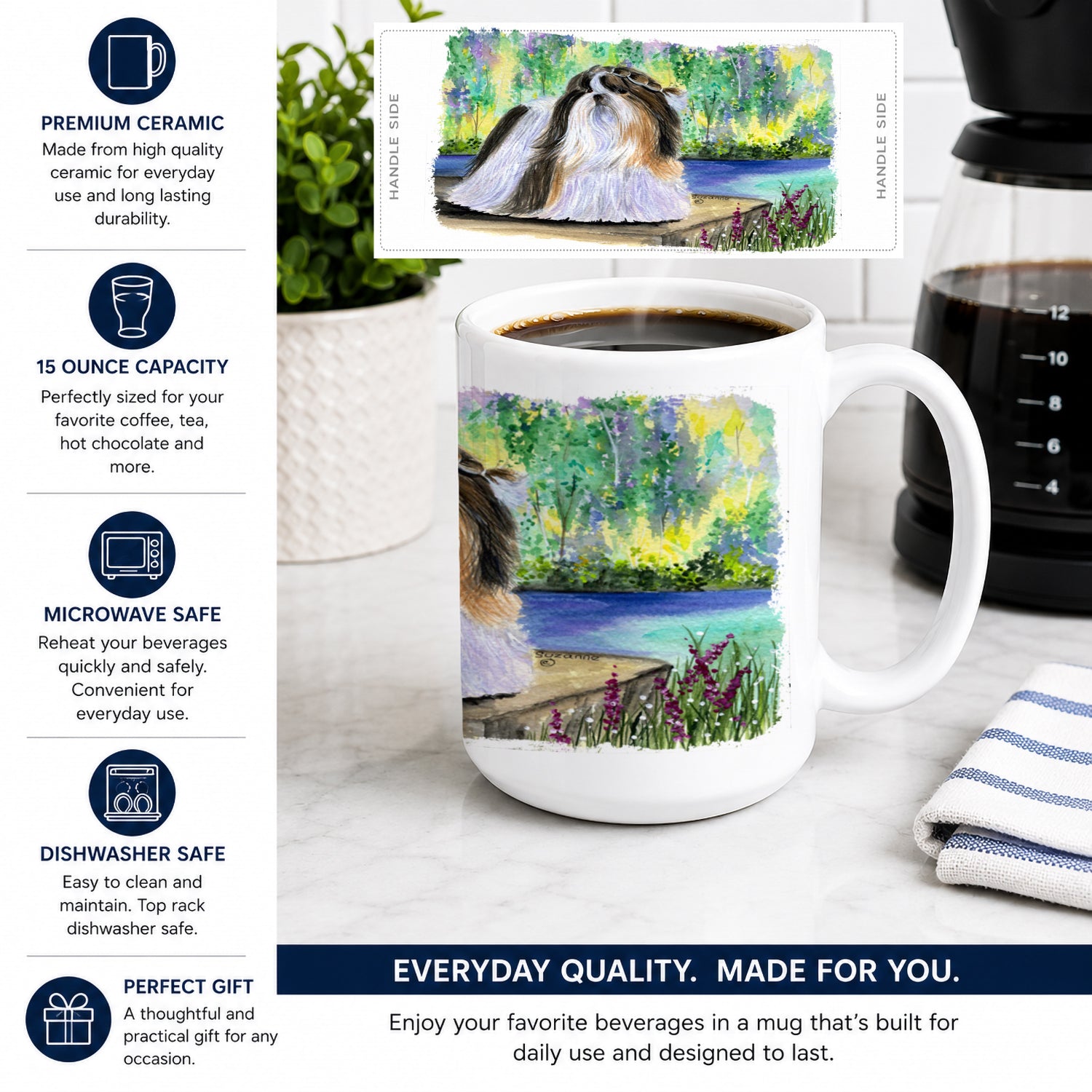 Shih Tzu Ceramic Coffee Mug 15 oz Decorative Large C Handle Mug Cup for Tea, Cocoa Hot Chocolate
