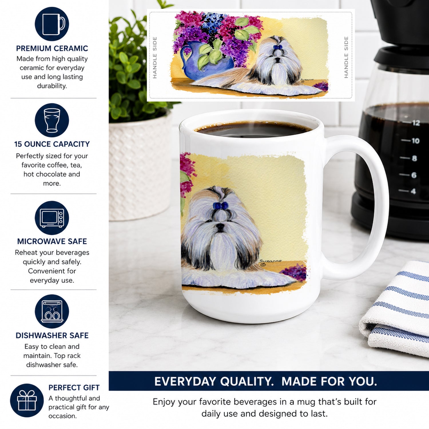 Shih Tzu Ceramic Coffee Mug 15 oz Decorative Large C Handle Mug Cup for Tea, Cocoa Hot Chocolate