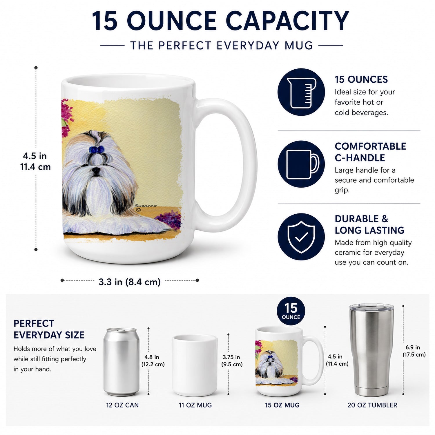Shih Tzu Ceramic Coffee Mug 15 oz Decorative Large C Handle Mug Cup for Tea, Cocoa Hot Chocolate
