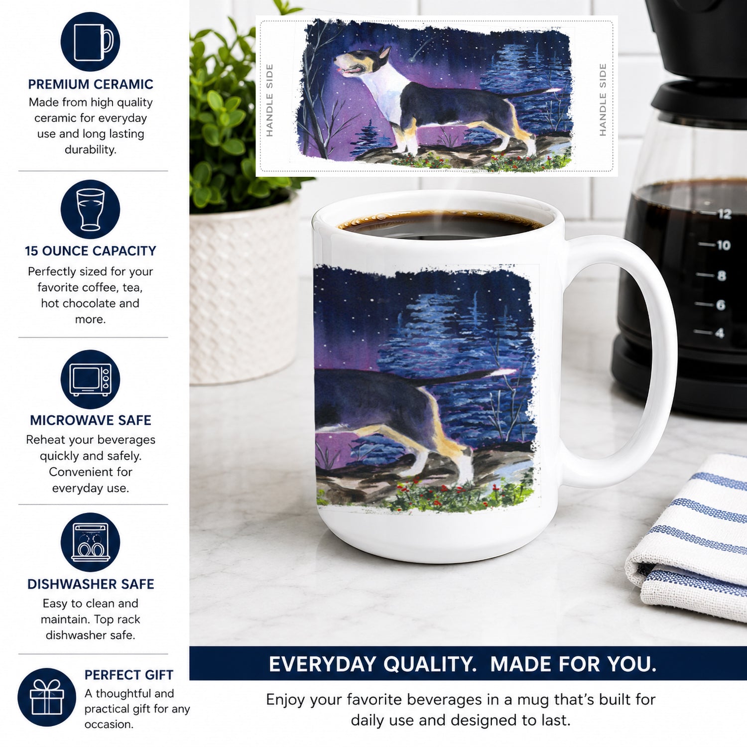 Bull Terrier Ceramic Coffee Mug 15 oz Decorative Large C Handle Mug Cup for Tea, Cocoa Hot Chocolate
