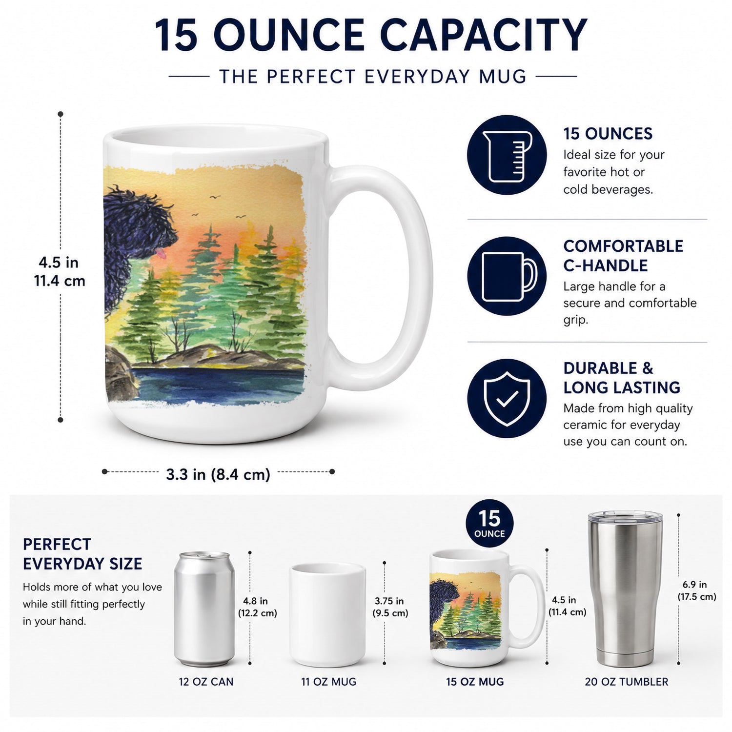 Puli Ceramic Coffee Mug 15 oz Decorative Large C Handle Mug Cup for Tea, Cocoa Hot Chocolate