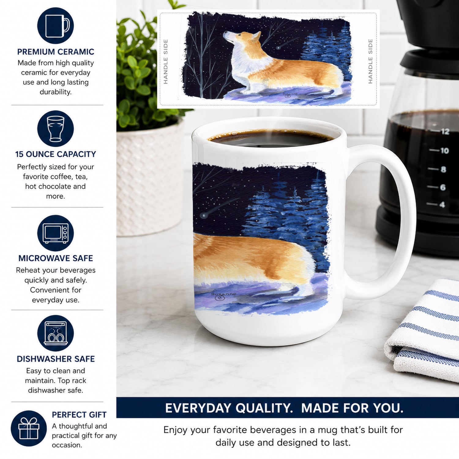 Starry Night Corgi Ceramic Coffee Mug 15 oz Decorative Large C Handle Mug Cup for Tea, Cocoa Hot Chocolate