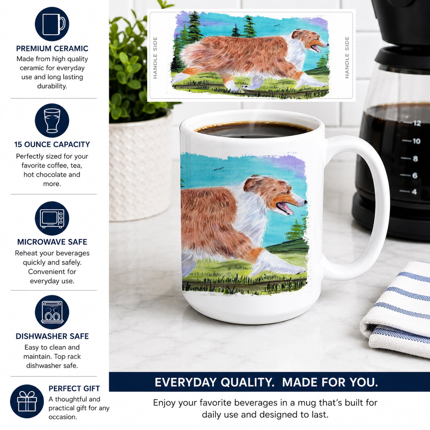 Australian Shepherd Ceramic Coffee Mug 15 oz Decorative Large C Handle Mug Cup for Tea, Cocoa Hot Chocolate