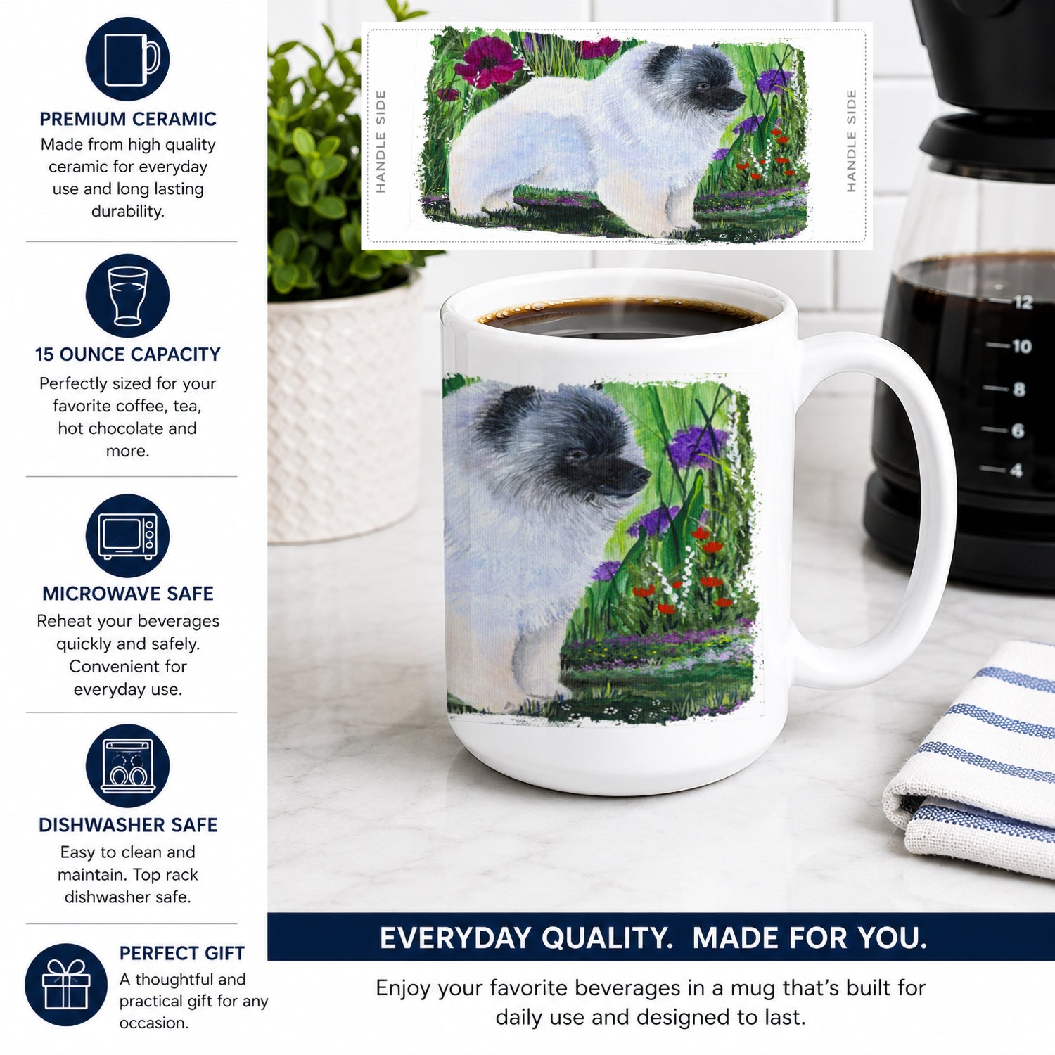 Keeshond Ceramic Coffee Mug 15 oz Decorative Large C Handle Mug Cup for Tea, Cocoa Hot Chocolate