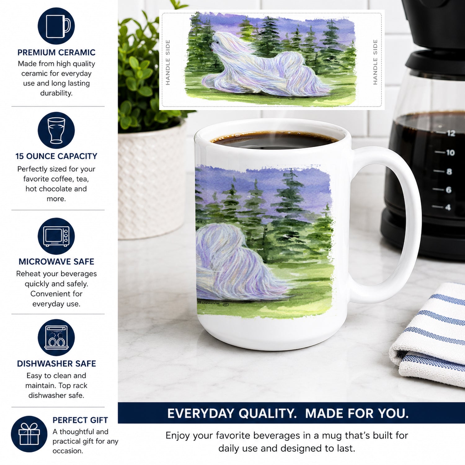 Maltese Ceramic Coffee Mug 15 oz Decorative Large C Handle Mug Cup for Tea, Cocoa Hot Chocolate