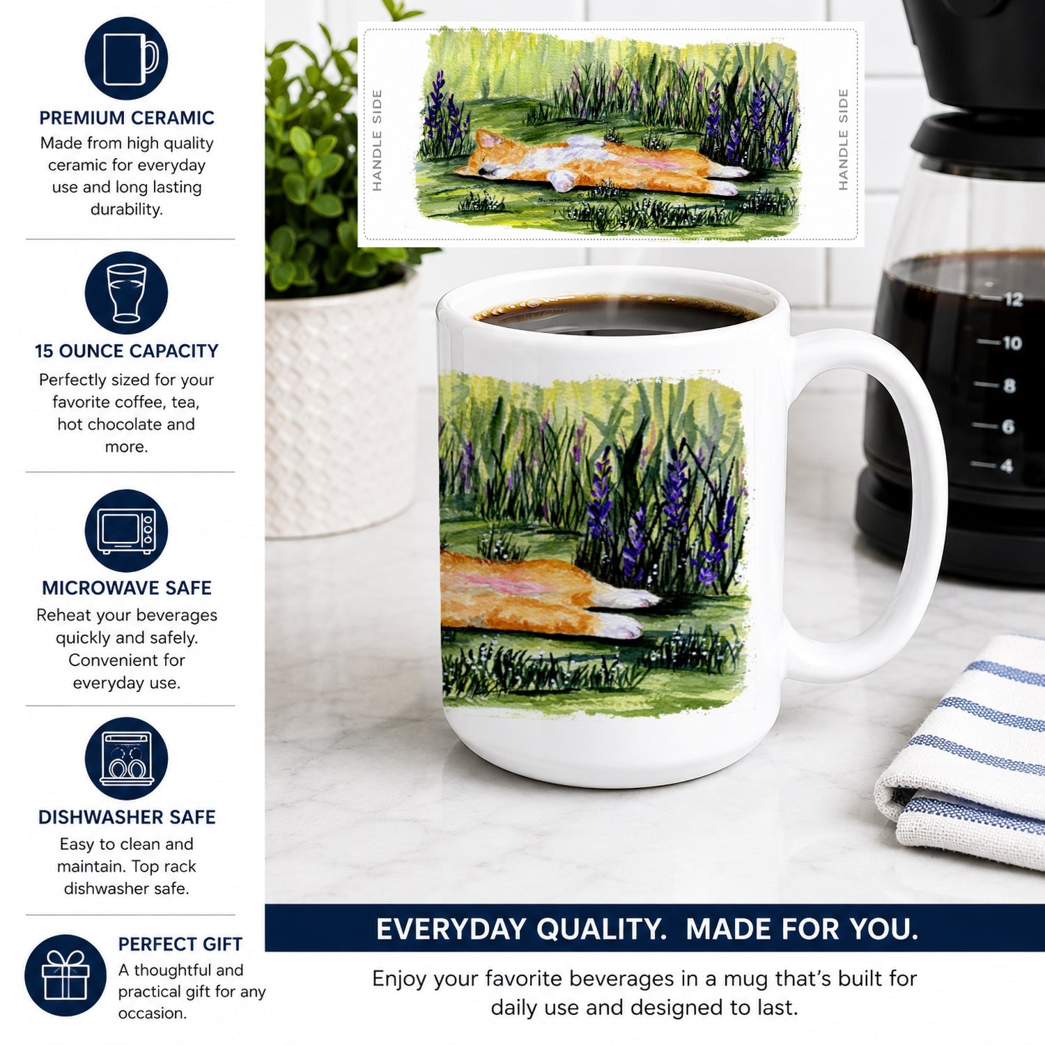 Corgi Ceramic Coffee Mug 15 oz Decorative Large C Handle Mug Cup for Tea, Cocoa Hot Chocolate