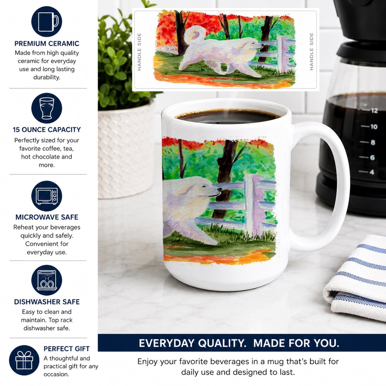 Great Pyrenees Ceramic Coffee Mug 15 oz Decorative Large C Handle Mug Cup for Tea, Cocoa Hot Chocolate