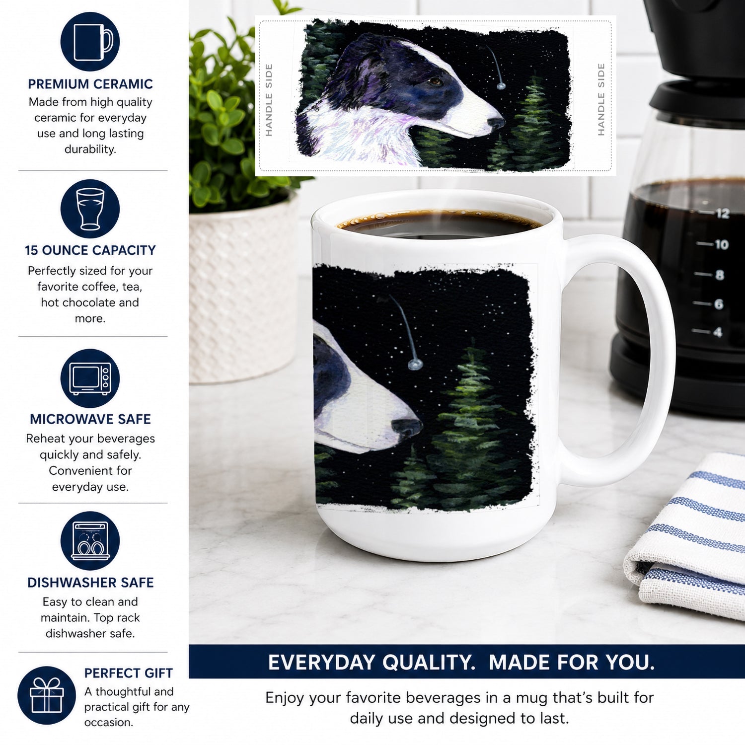Starry Night Border Collie Ceramic Coffee Mug 15 oz Decorative Large C Handle Mug Cup for Tea, Cocoa Hot Chocolate