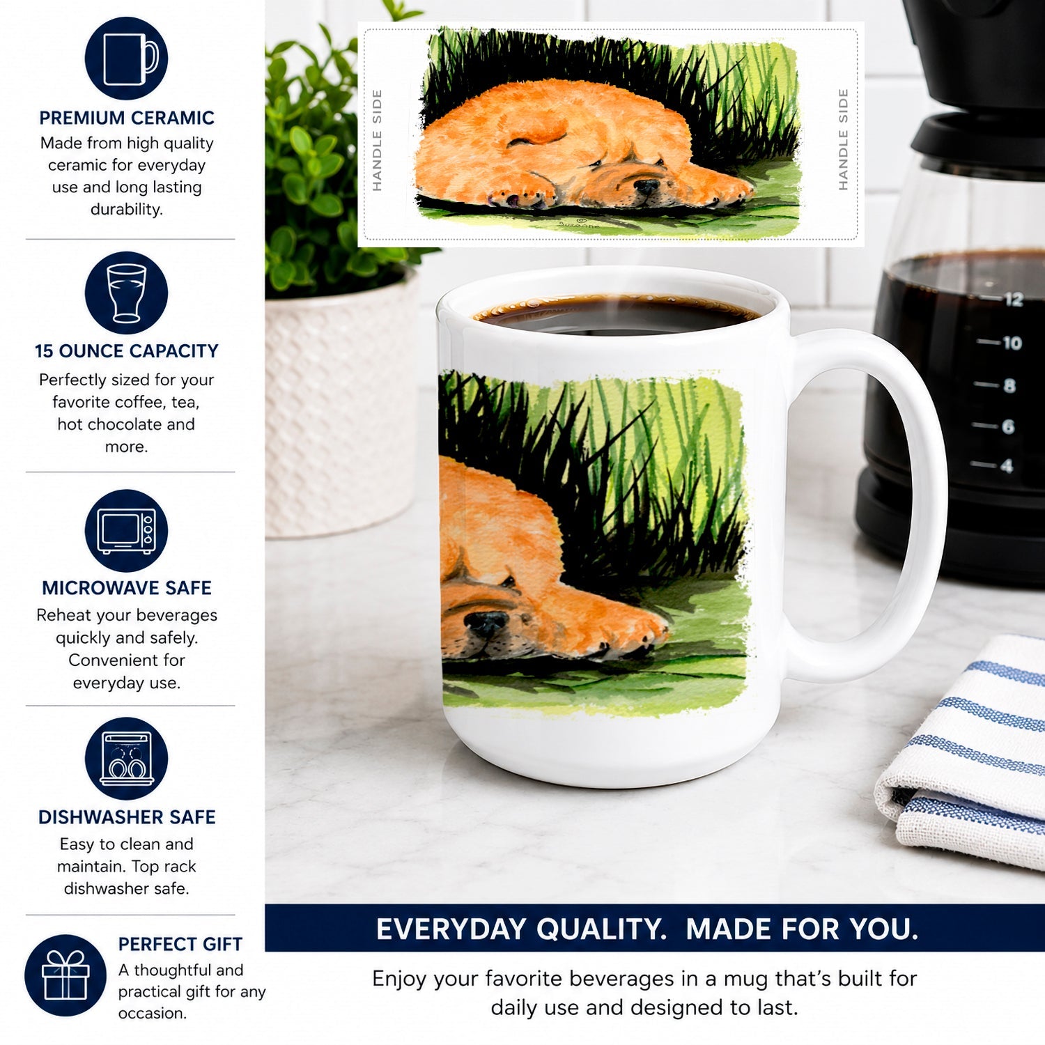 Chow Chow Ceramic Coffee Mug 15 oz Decorative Large C Handle Mug Cup for Tea, Cocoa Hot Chocolate