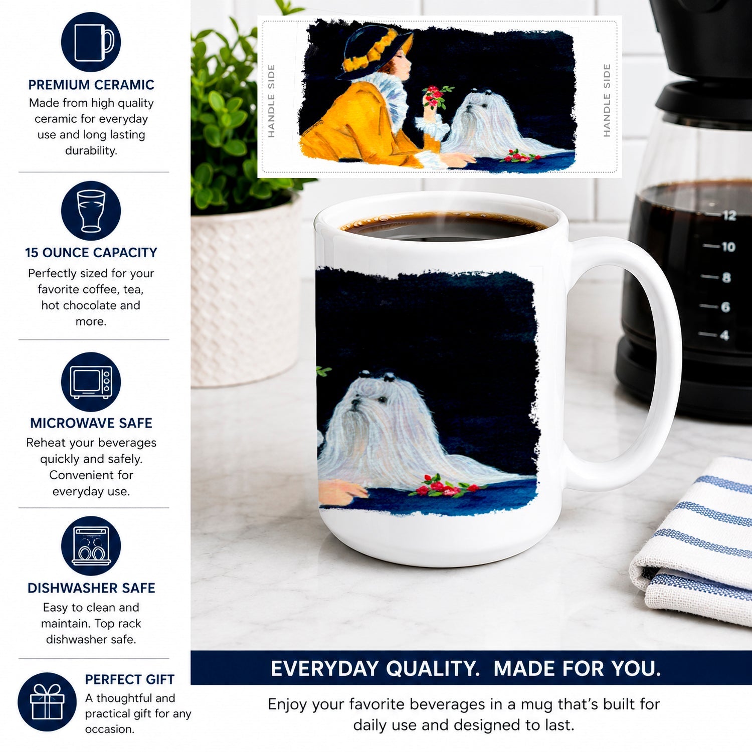 Lady with her Maltese Ceramic Coffee Mug 15 oz Decorative Large C Handle Mug Cup for Tea, Cocoa Hot Chocolate