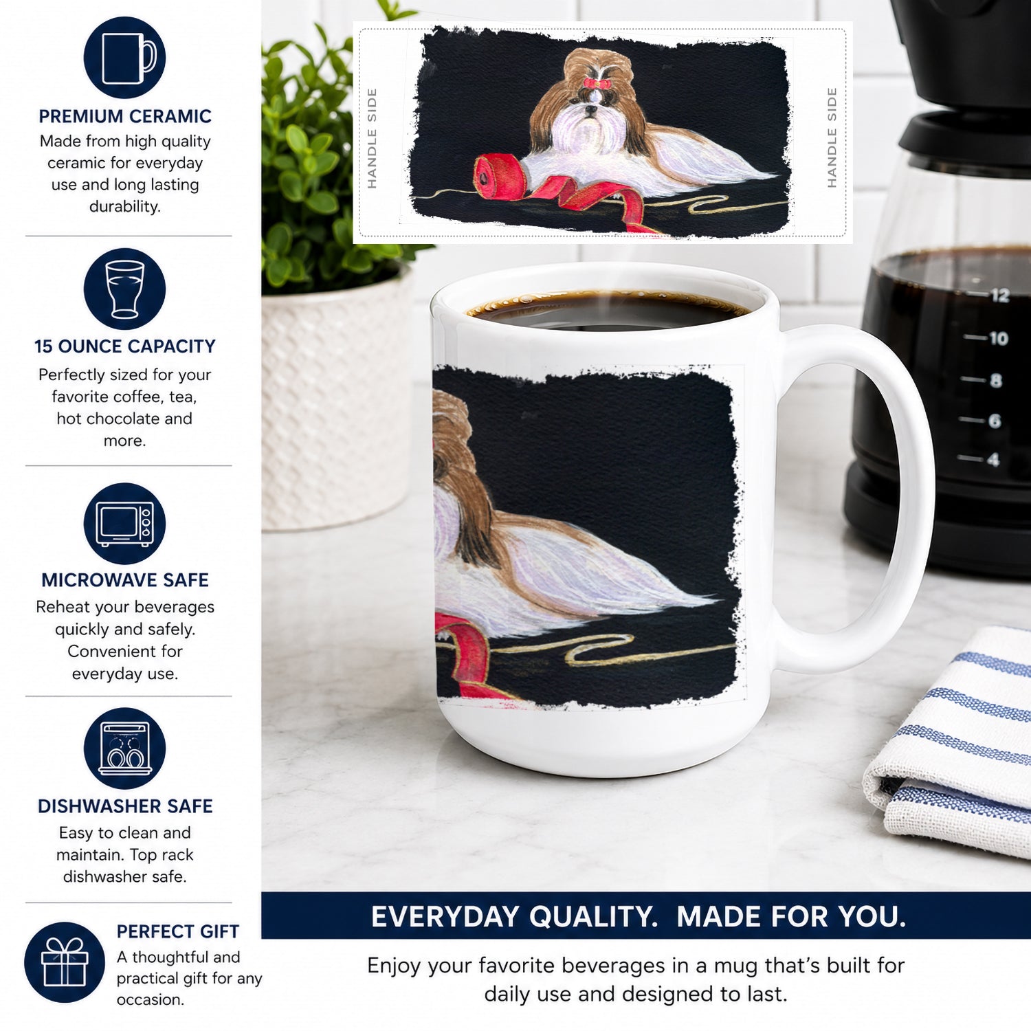 Shih Tzu Ceramic Coffee Mug 15 oz Decorative Large C Handle Mug Cup for Tea, Cocoa Hot Chocolate