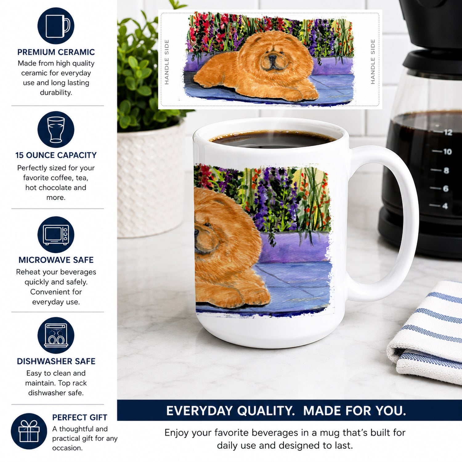 Chow Chow Ceramic Coffee Mug 15 oz Decorative Large C Handle Mug Cup for Tea, Cocoa Hot Chocolate