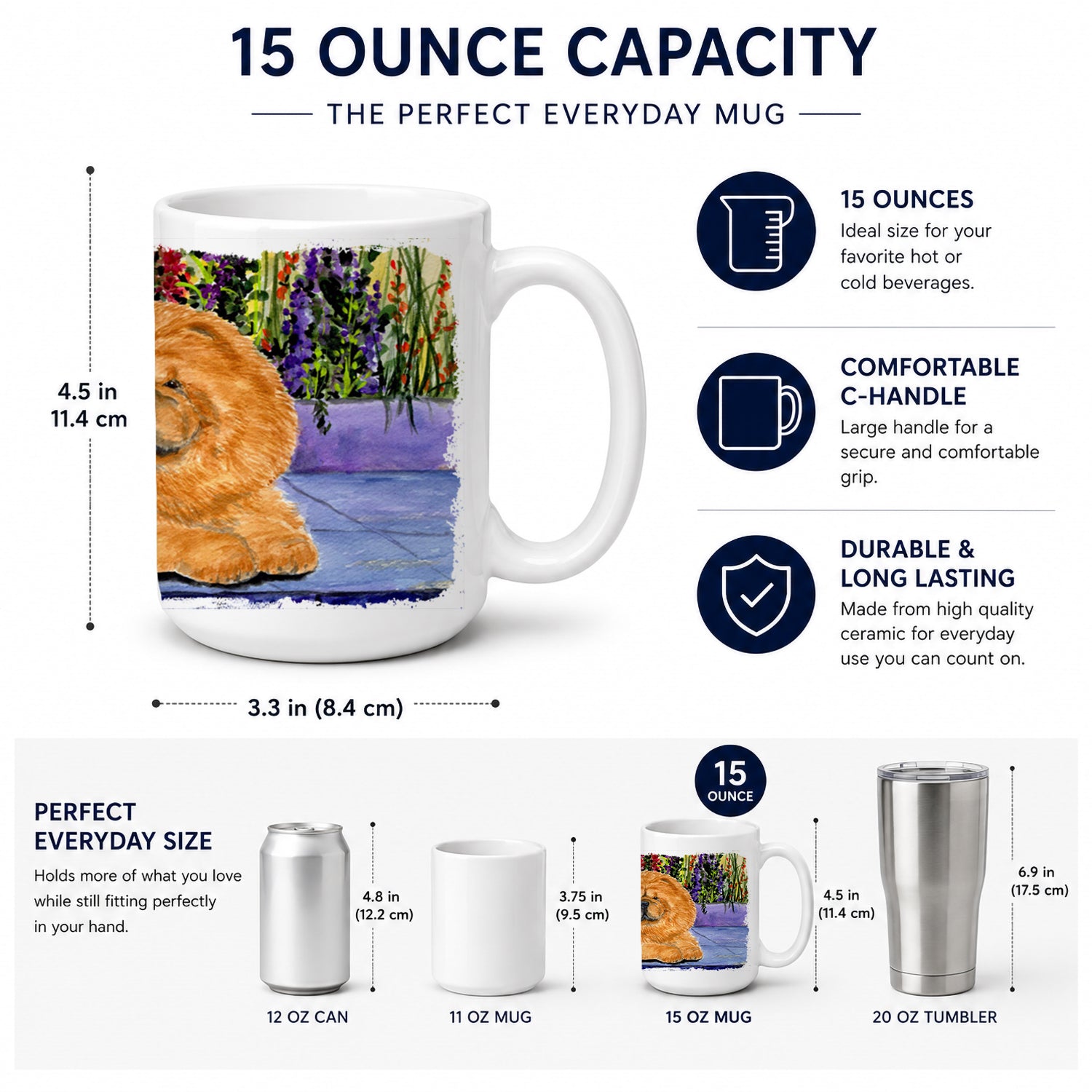 Chow Chow Ceramic Coffee Mug 15 oz Decorative Large C Handle Mug Cup for Tea, Cocoa Hot Chocolate