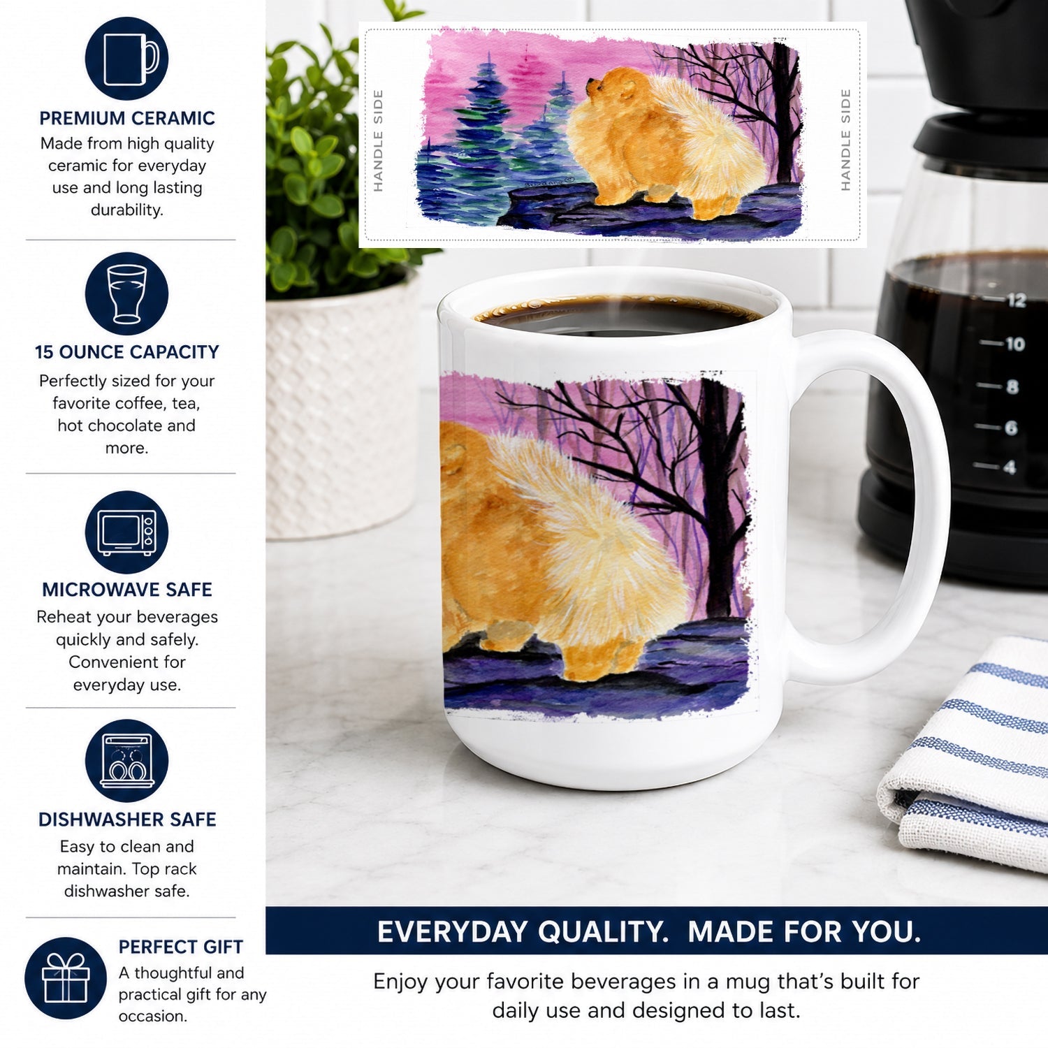 Pomeranian Ceramic Coffee Mug 15 oz Decorative Large C Handle Mug Cup for Tea, Cocoa Hot Chocolate