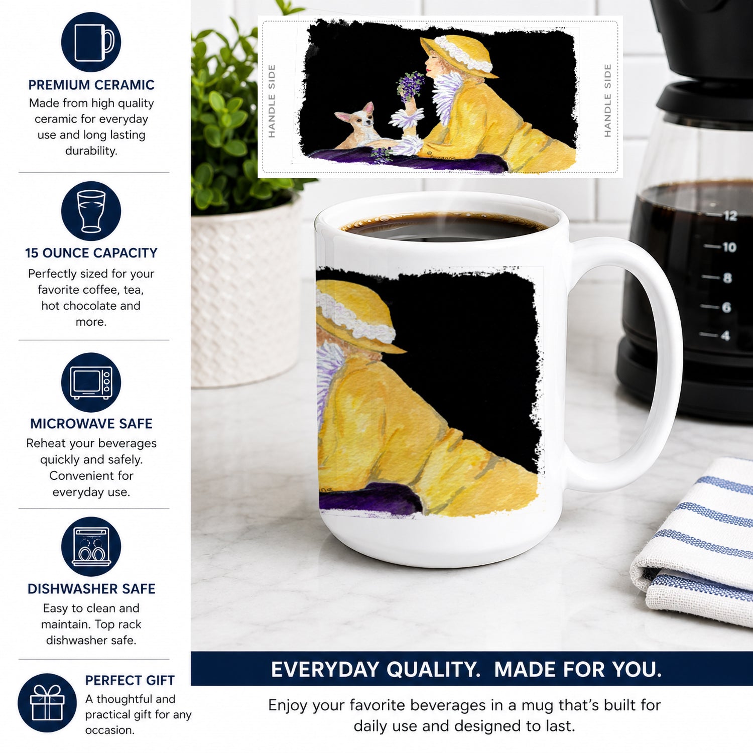 Chihuahua Ceramic Coffee Mug 15 oz Decorative Large C Handle Mug Cup for Tea, Cocoa Hot Chocolate