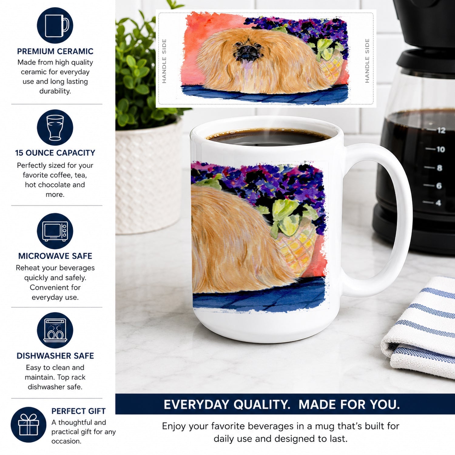 Pekingese Ceramic Coffee Mug 15 oz Decorative Large C Handle Mug Cup for Tea, Cocoa Hot Chocolate