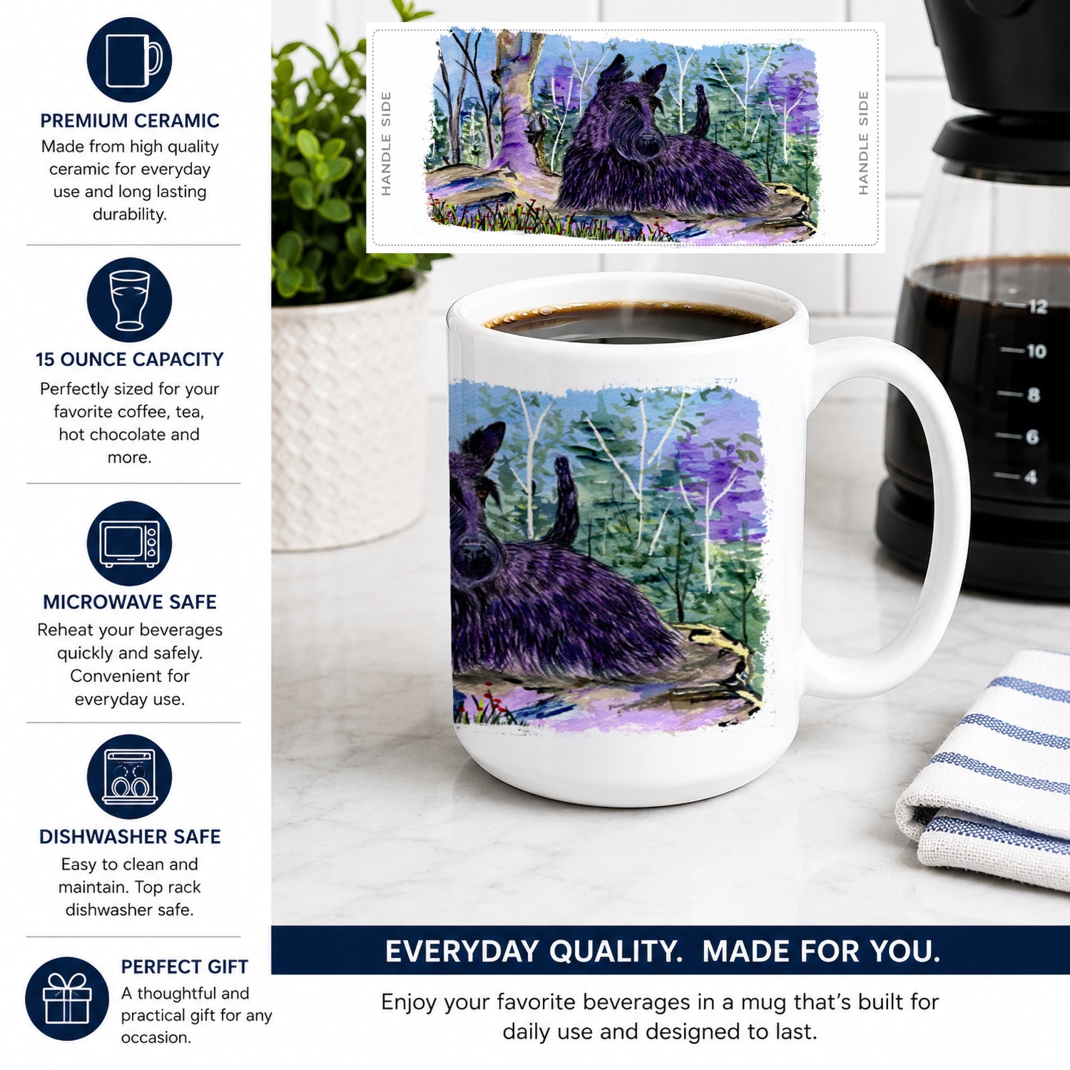 Scottish Terrier Ceramic Coffee Mug 15 oz Decorative Large C Handle Mug Cup for Tea, Cocoa Hot Chocolate
