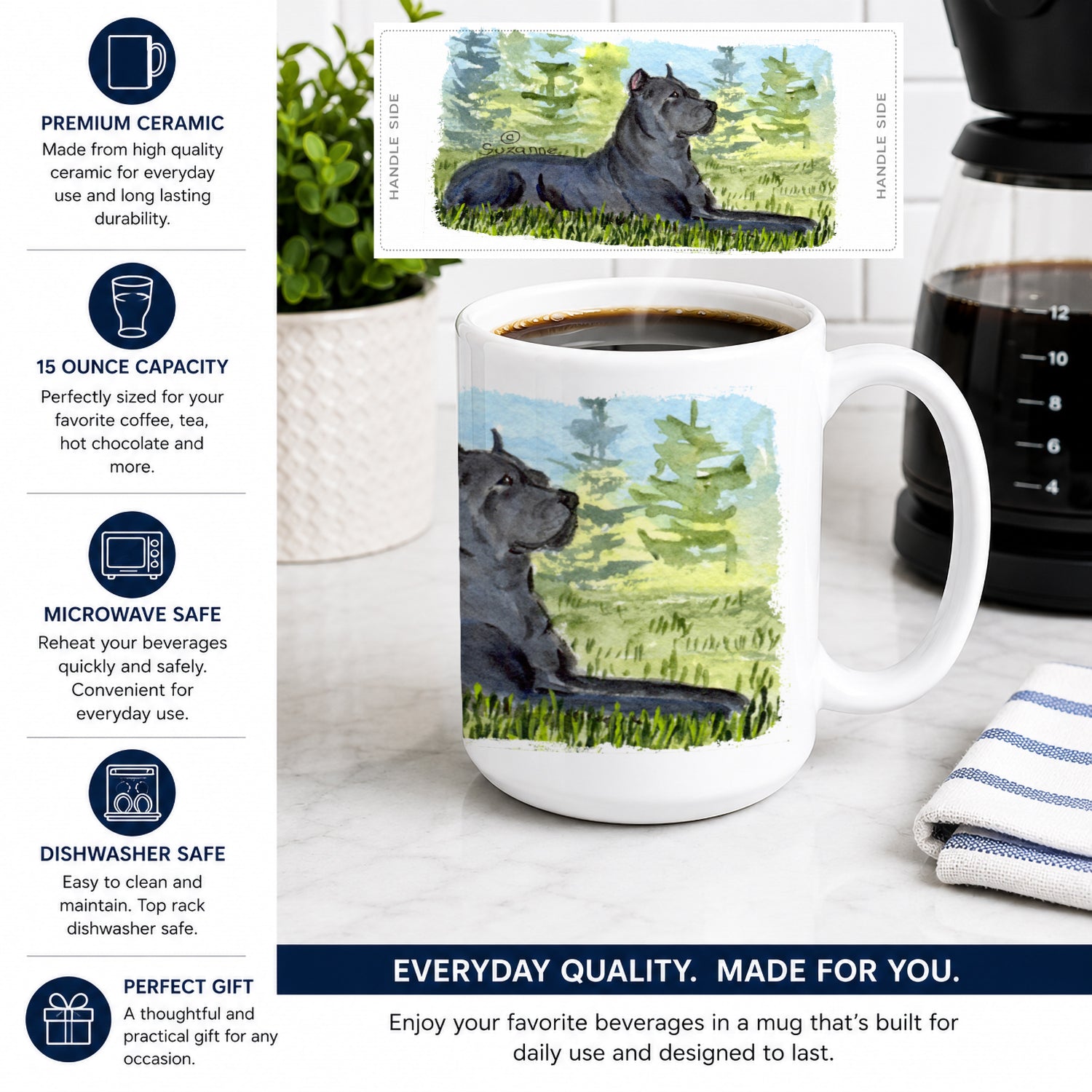Cane Corso Ceramic Coffee Mug 15 oz Decorative Large C Handle Mug Cup for Tea, Cocoa Hot Chocolate