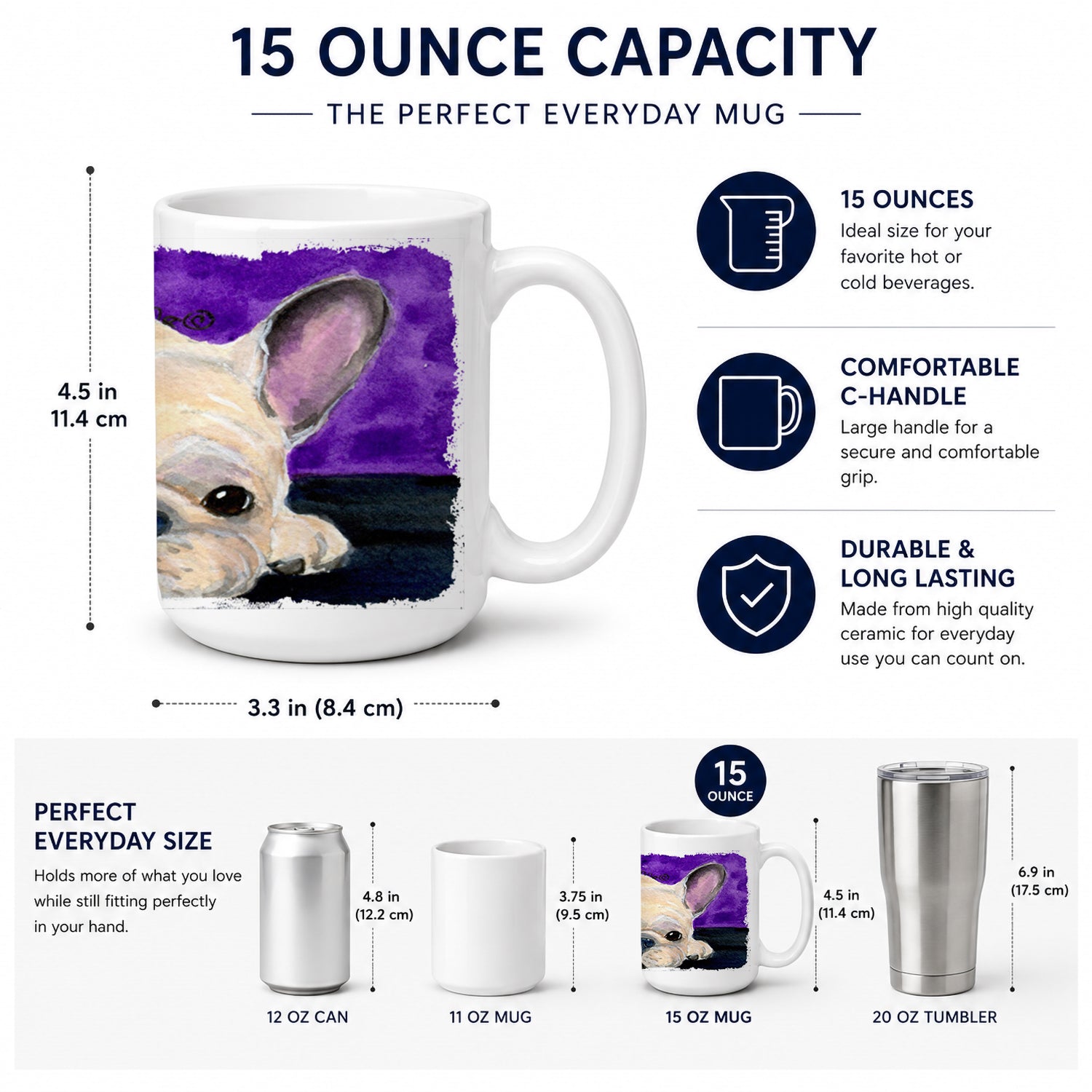 French Bulldog Ceramic Coffee Mug 15 oz Decorative Large C Handle Mug Cup for Tea, Cocoa Hot Chocolate