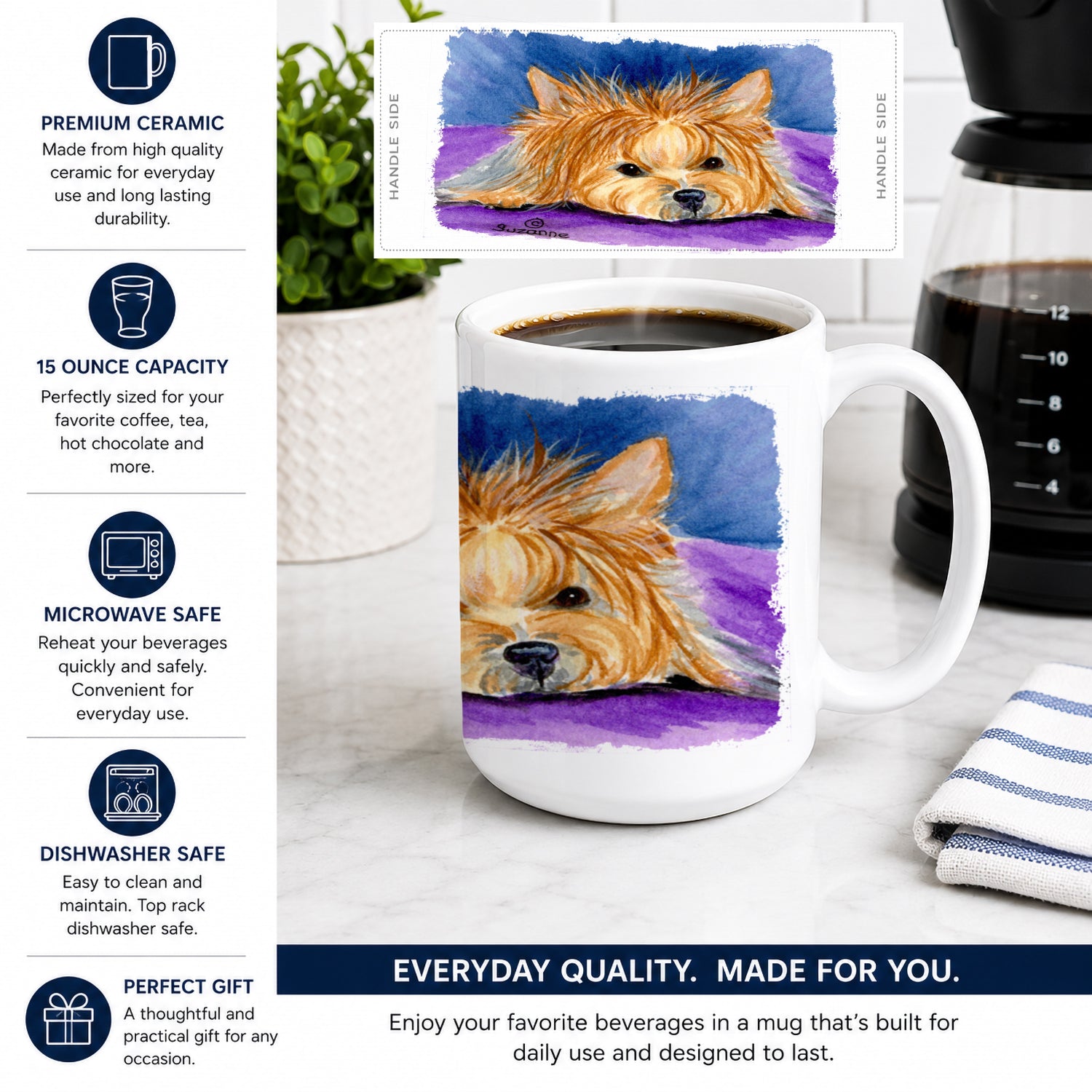 Yorkie Ceramic Coffee Mug 15 oz Decorative Large C Handle Mug Cup for Tea, Cocoa Hot Chocolate