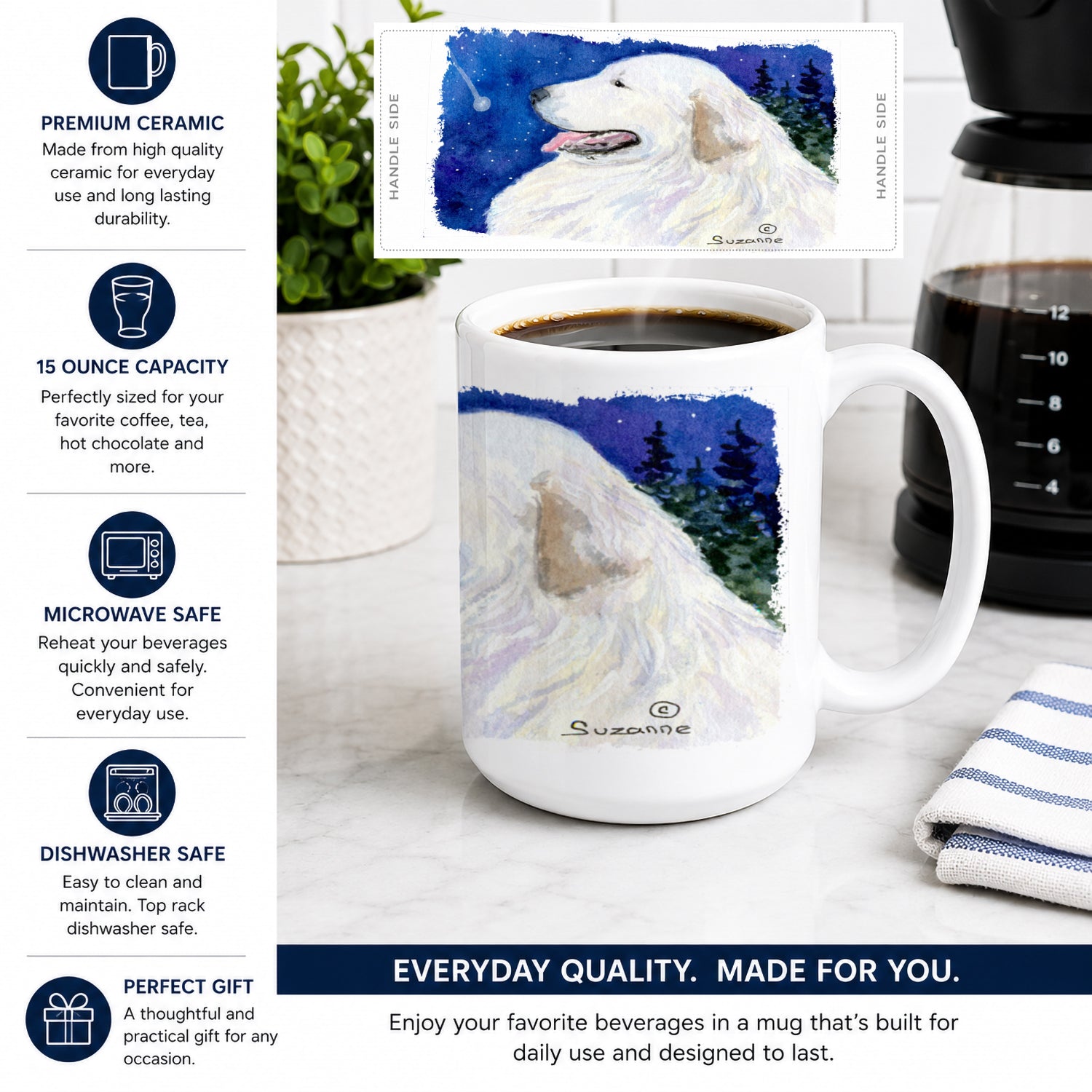 Great Pyrenees Ceramic Coffee Mug 15 oz Decorative Large C Handle Mug Cup for Tea, Cocoa Hot Chocolate