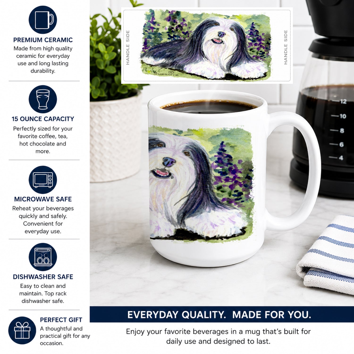 Bearded Collie Ceramic Coffee Mug 15 oz Decorative Large C Handle Mug Cup for Tea, Cocoa Hot Chocolate