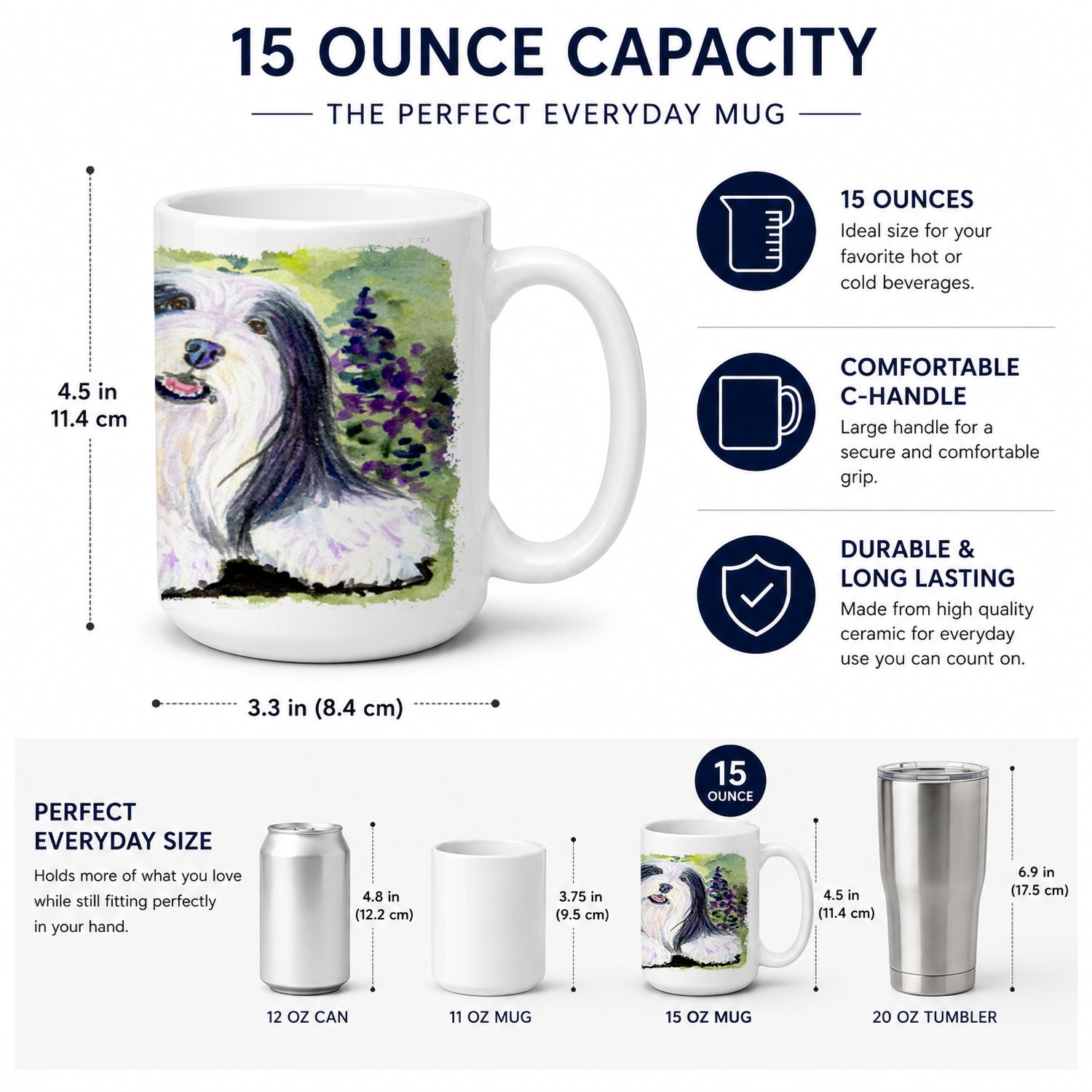 Bearded Collie Ceramic Coffee Mug 15 oz Decorative Large C Handle Mug Cup for Tea, Cocoa Hot Chocolate