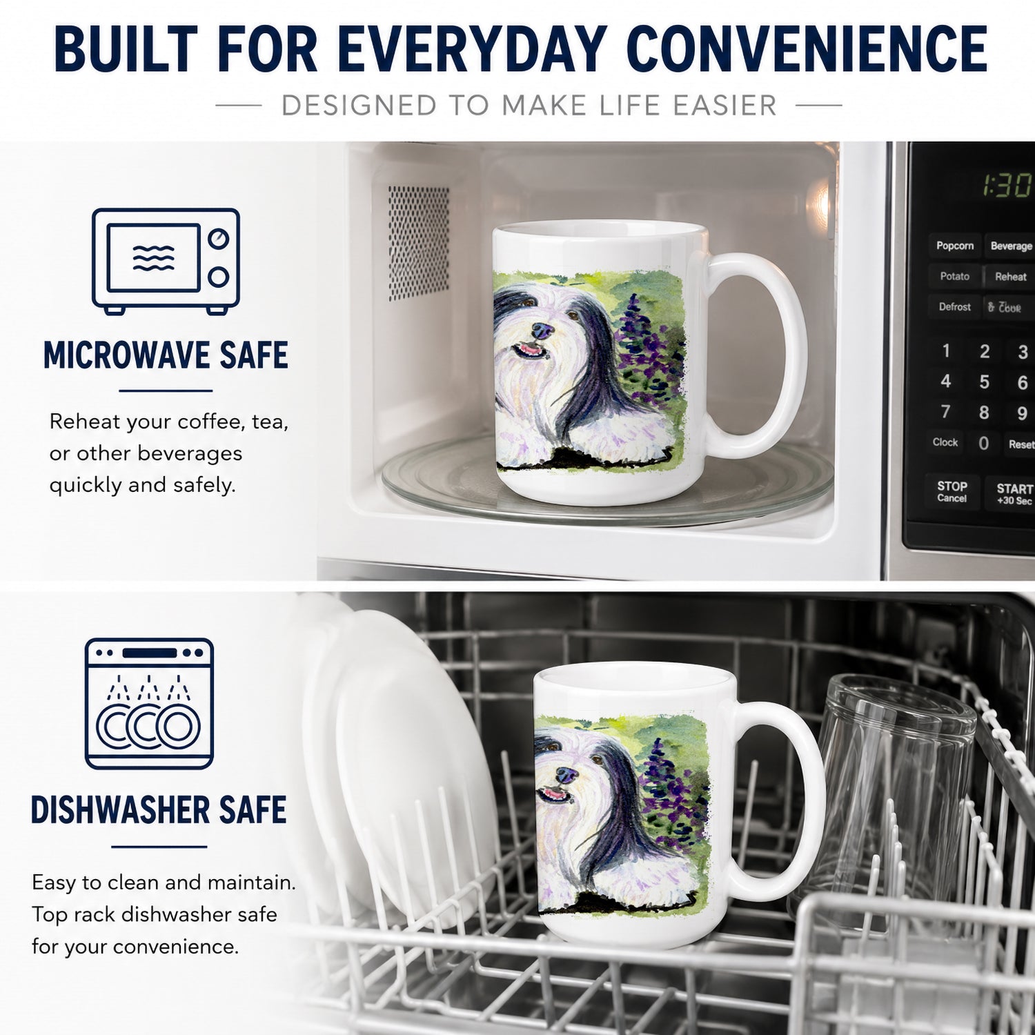 Bearded Collie Ceramic Coffee Mug 15 oz Decorative Large C Handle Mug Cup for Tea, Cocoa Hot Chocolate