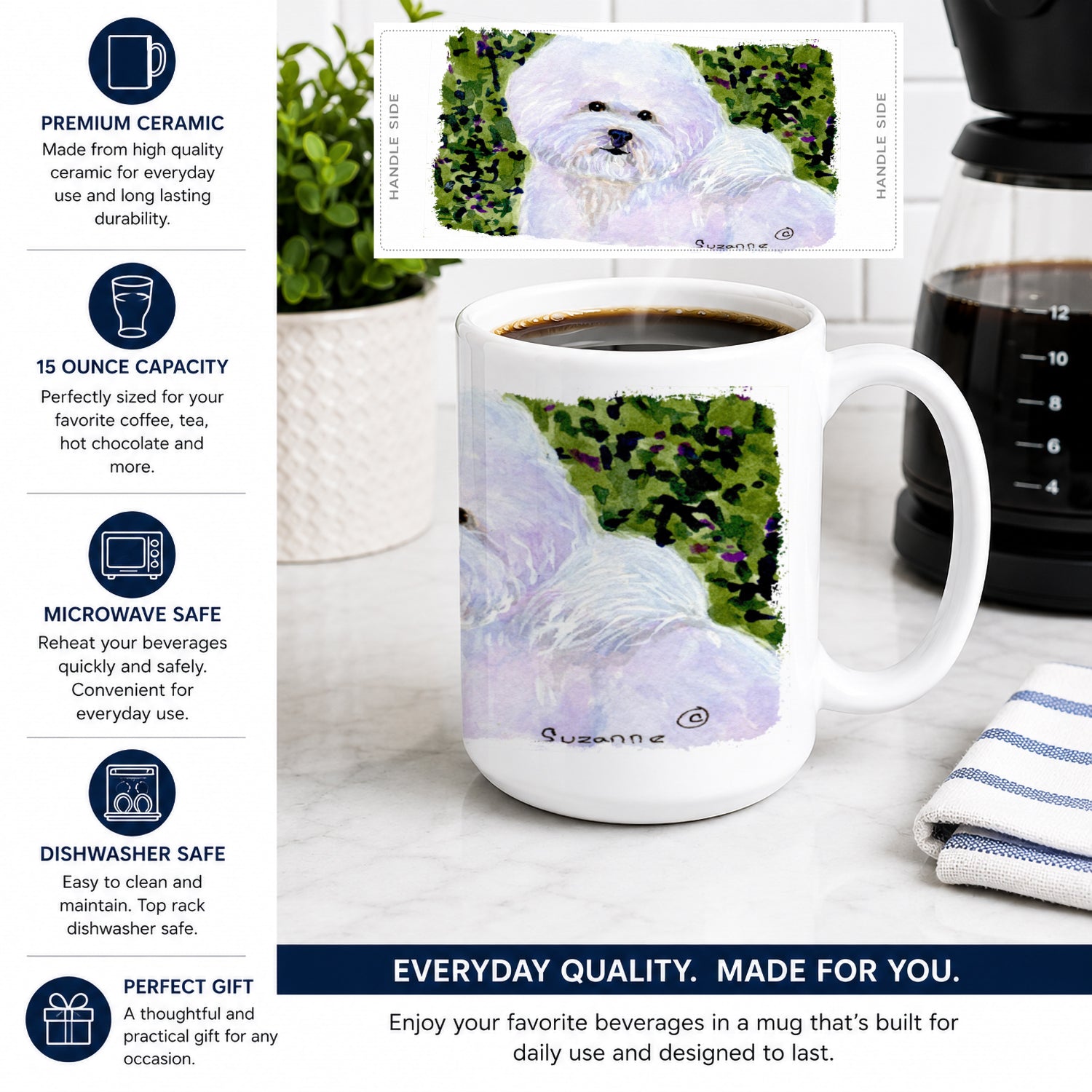 Bichon Frise Ceramic Coffee Mug 15 oz Decorative Large C Handle Mug Cup for Tea, Cocoa Hot Chocolate