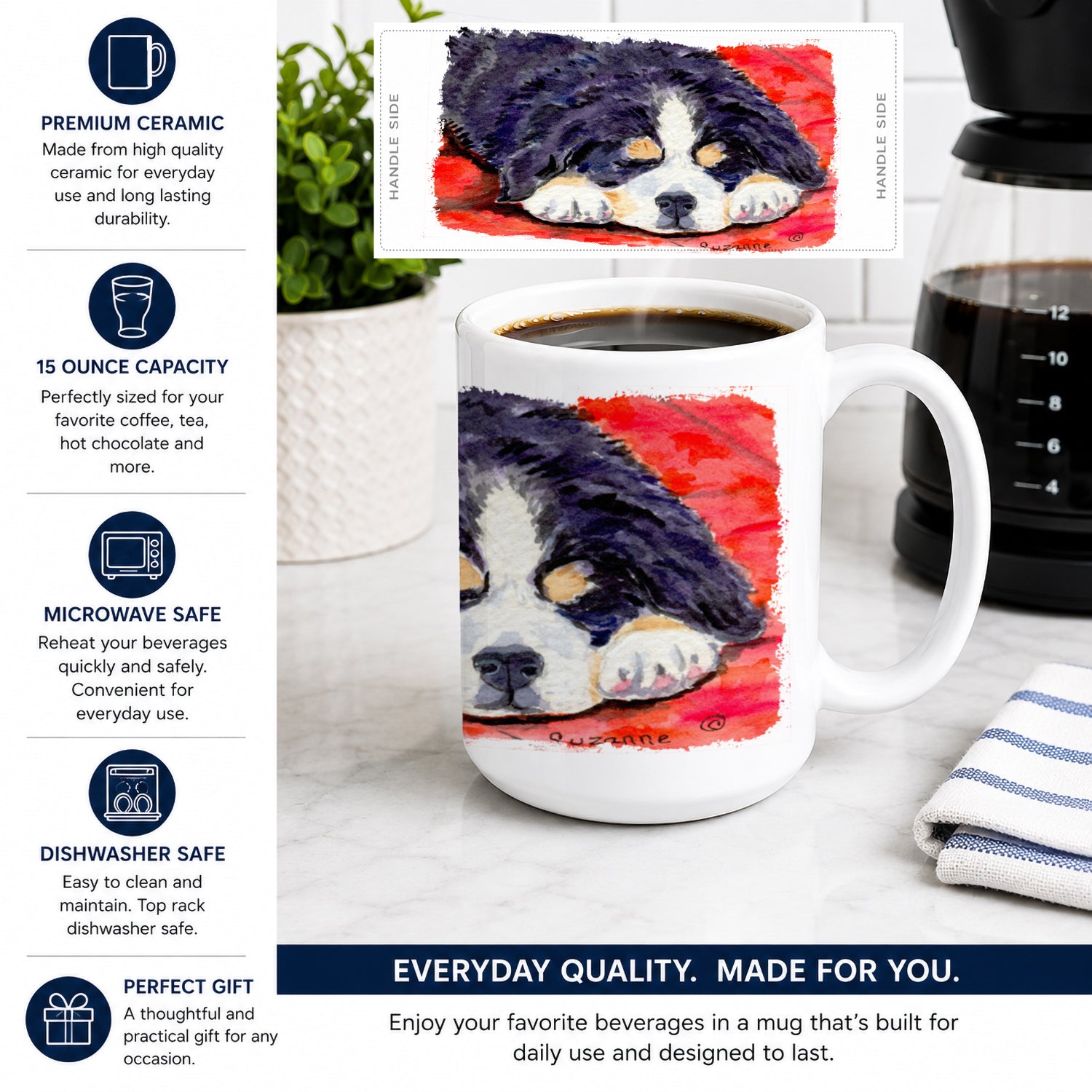 Bernese Mountain Dog Ceramic Coffee Mug 15 oz Decorative Large C Handle Mug Cup for Tea, Cocoa Hot Chocolate
