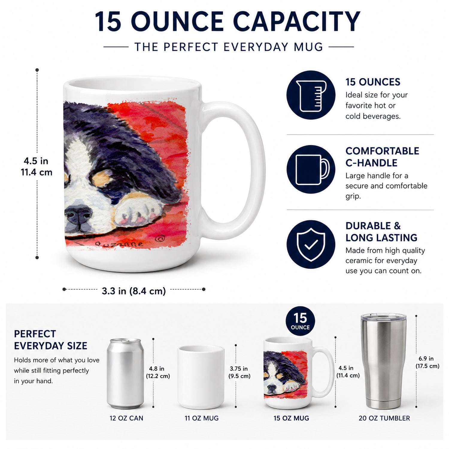 Bernese Mountain Dog Ceramic Coffee Mug 15 oz Decorative Large C Handle Mug Cup for Tea, Cocoa Hot Chocolate
