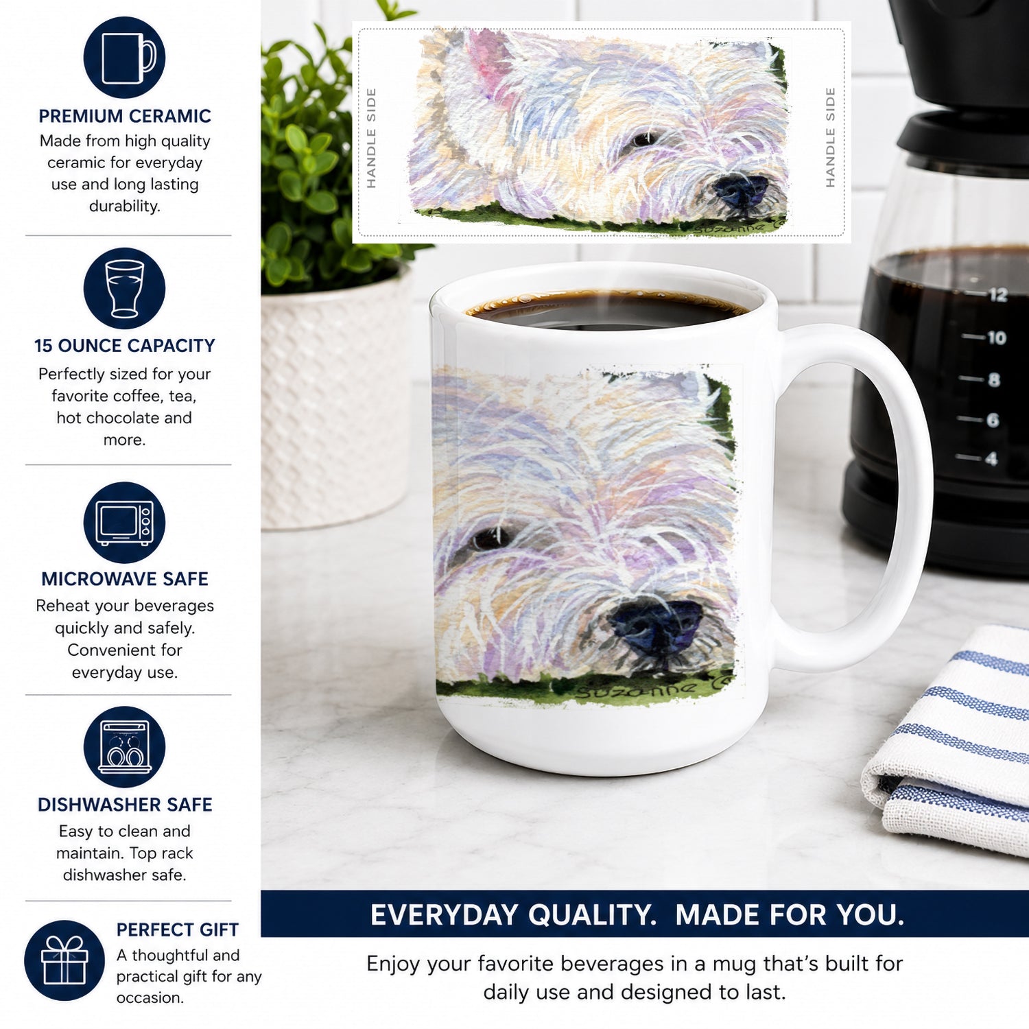 Westie Ceramic Coffee Mug 15 oz Decorative Large C Handle Mug Cup for Tea, Cocoa Hot Chocolate