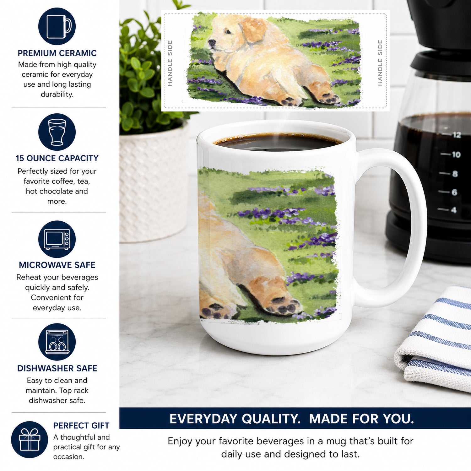 Golden Retriever Ceramic Coffee Mug 15 oz Decorative Large C Handle Mug Cup for Tea, Cocoa Hot Chocolate