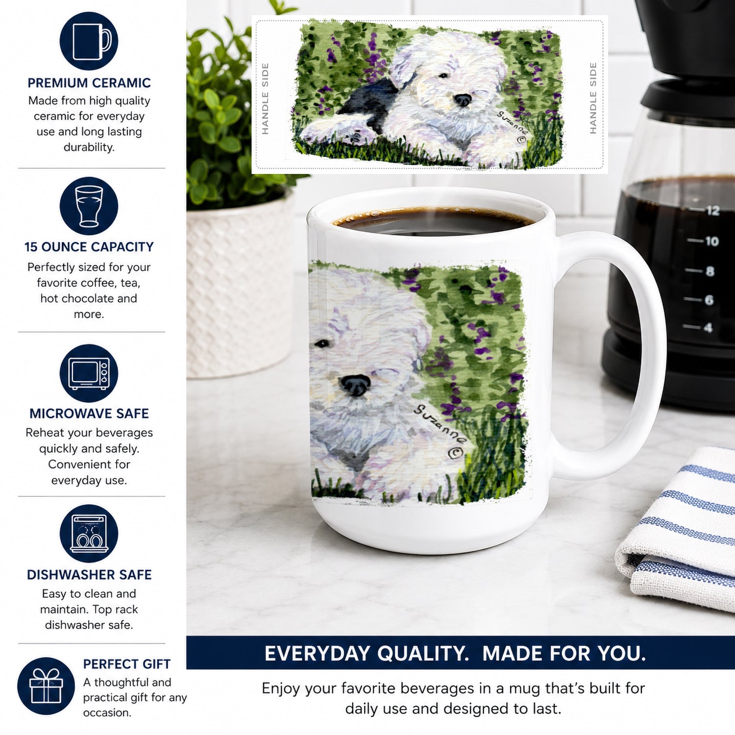 Old English Sheepdog Ceramic Coffee Mug 15 oz Decorative Large C Handle Mug Cup for Tea, Cocoa Hot Chocolate