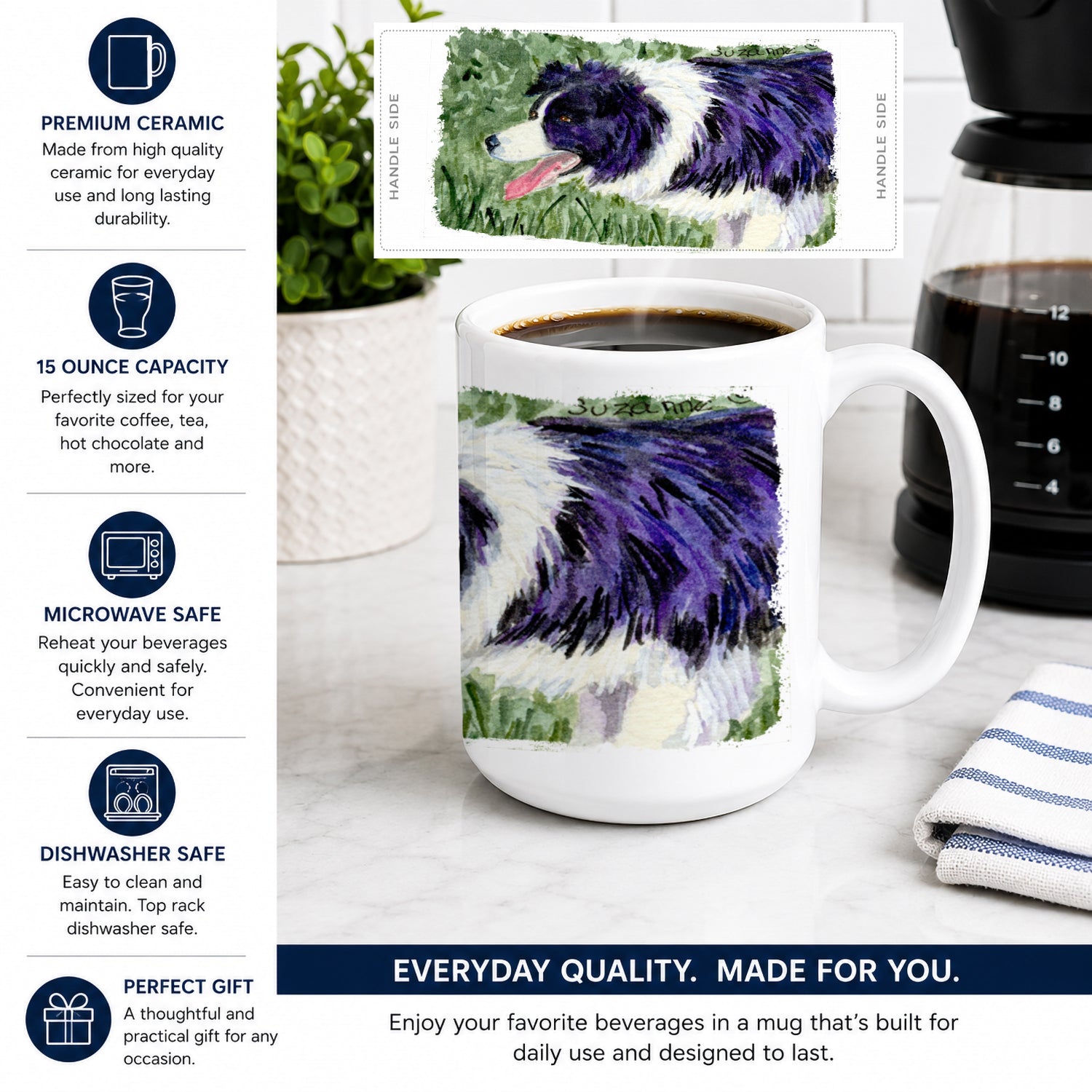 Border Collie Ceramic Coffee Mug 15 oz Decorative Large C Handle Mug Cup for Tea, Cocoa Hot Chocolate
