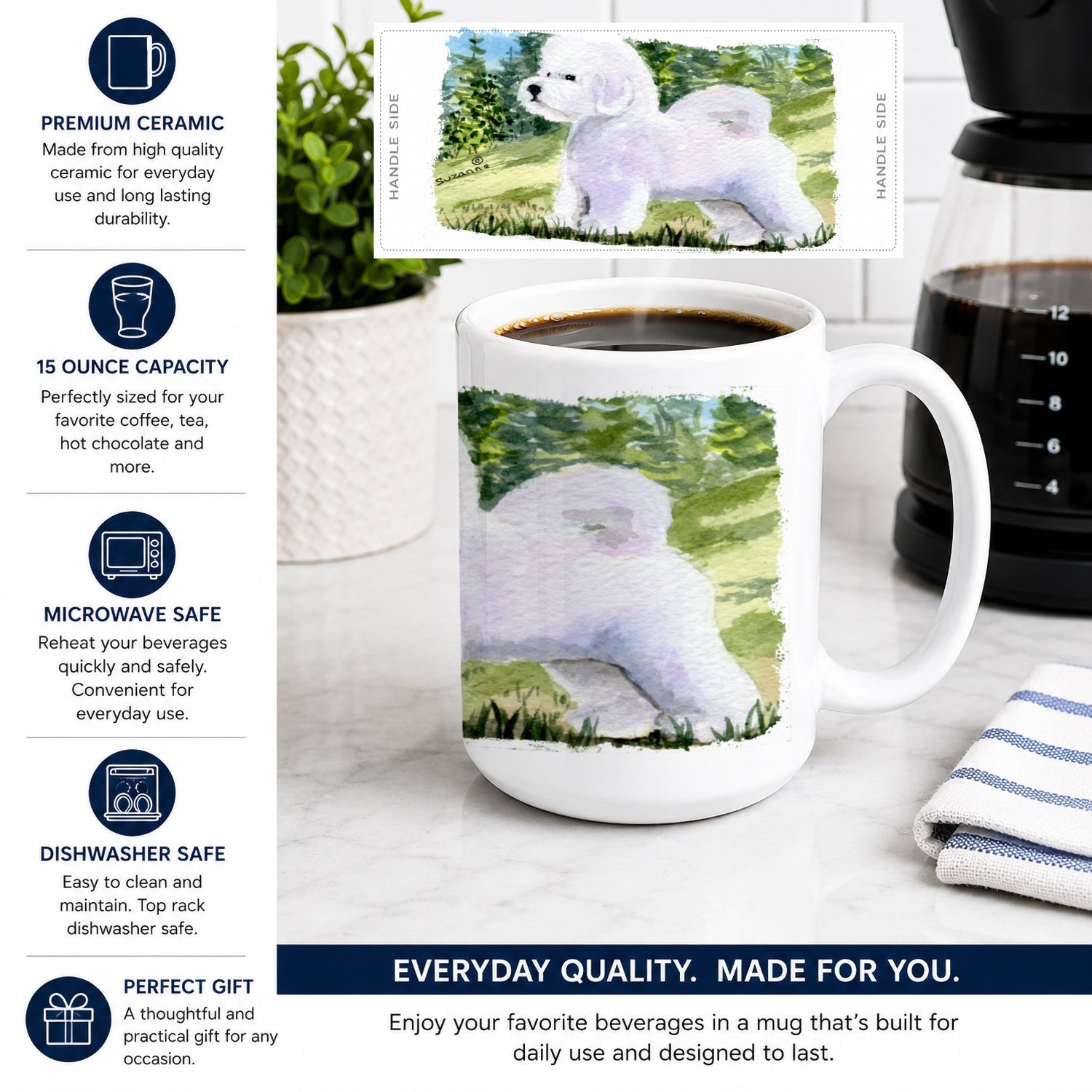 Bichon Frise Ceramic Coffee Mug 15 oz Decorative Large C Handle Mug Cup for Tea, Cocoa Hot Chocolate
