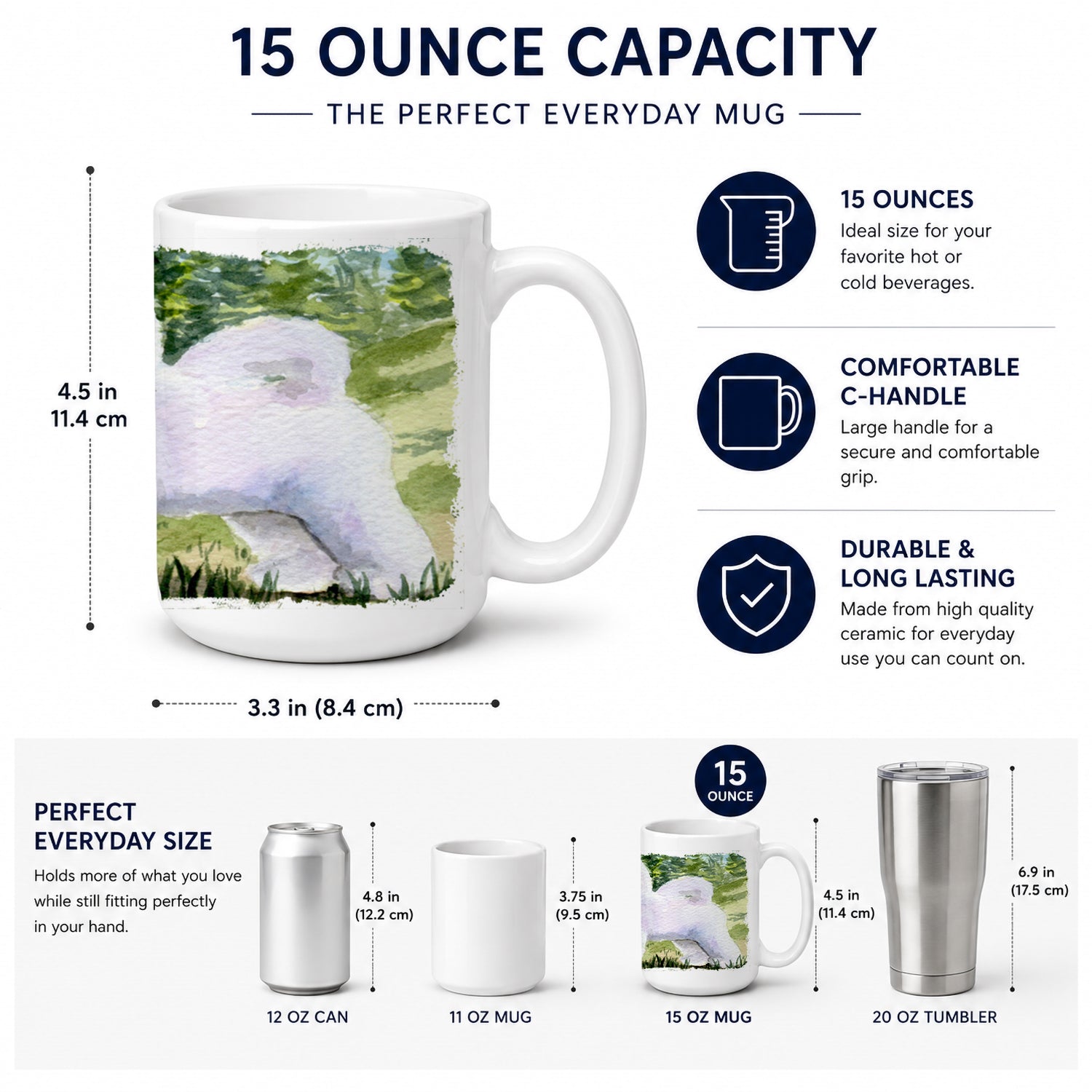 Bichon Frise Ceramic Coffee Mug 15 oz Decorative Large C Handle Mug Cup for Tea, Cocoa Hot Chocolate
