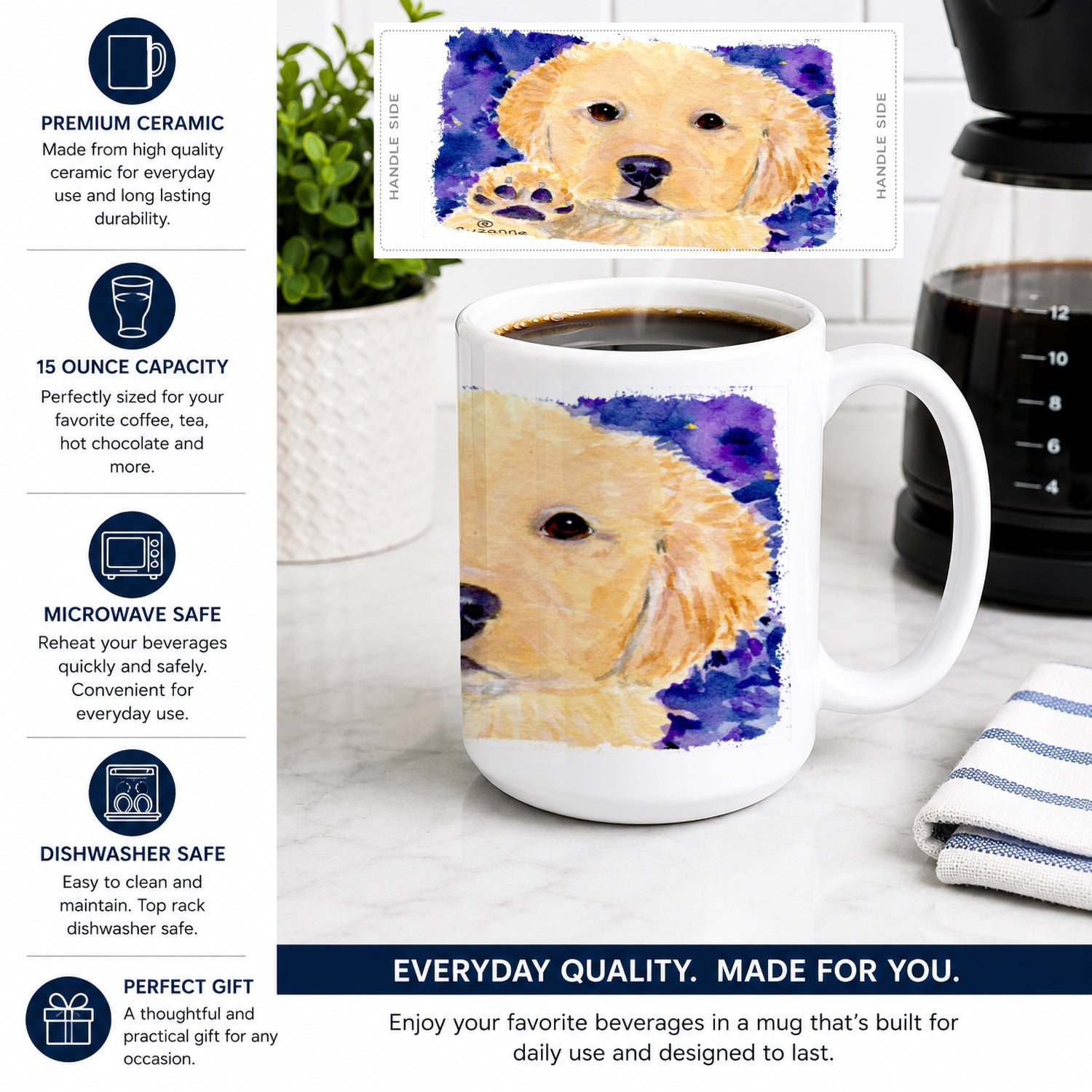 Golden Retriever Ceramic Coffee Mug 15 oz Decorative Large C Handle Mug Cup for Tea, Cocoa Hot Chocolate